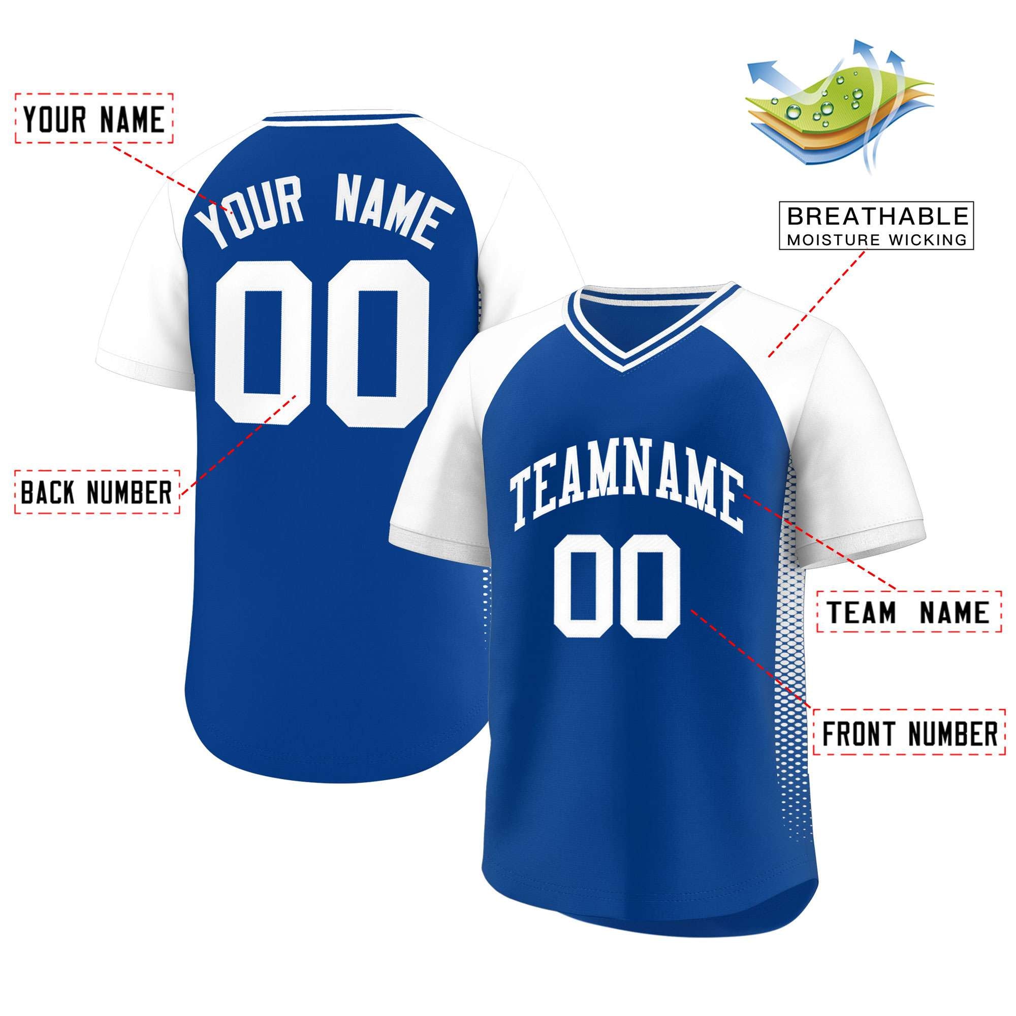 Custom Royal White Raglan Sleeves Side Spot Authentic Pullover Baseball Jersey