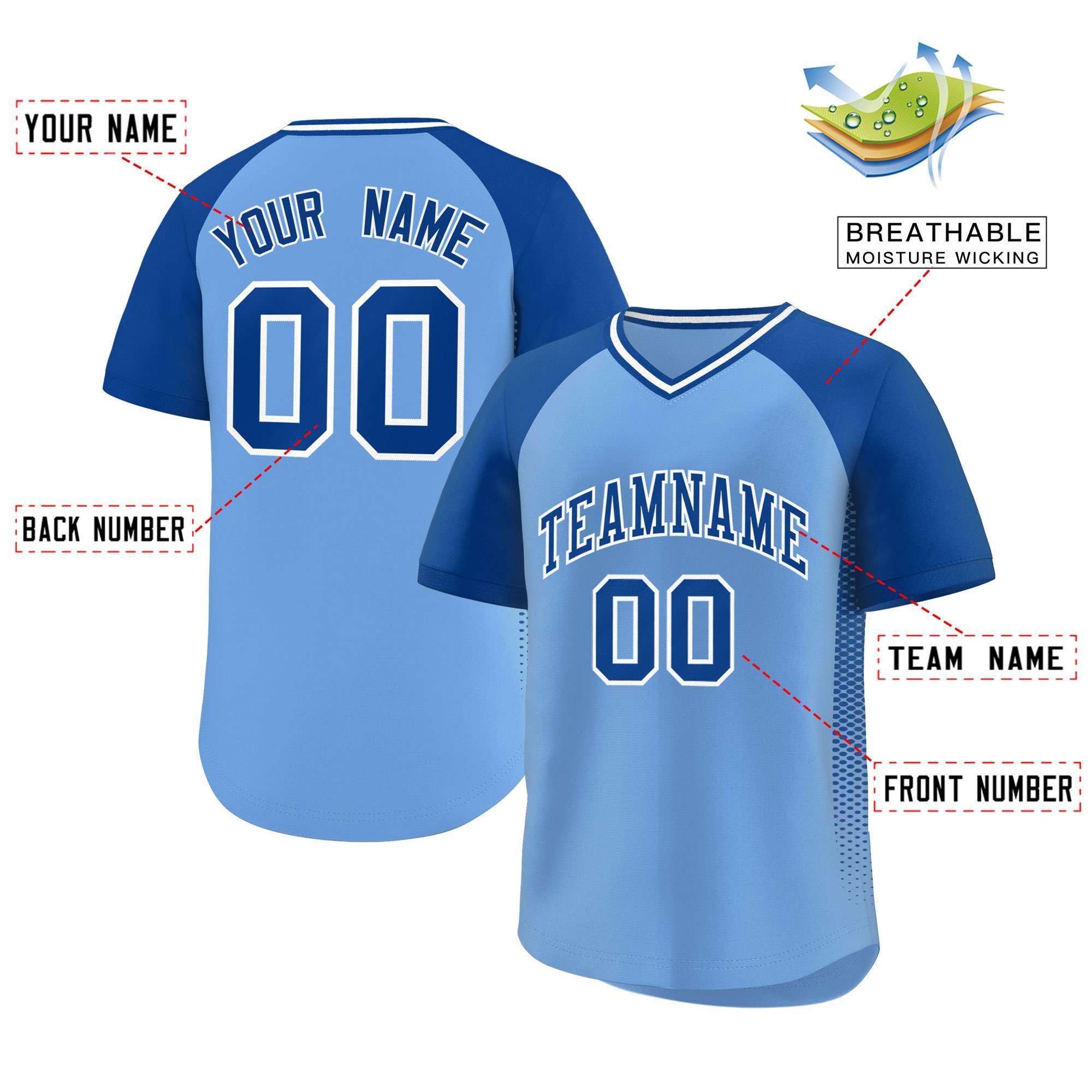 Custom Light Blue Royal Raglan Sleeves Side Spot Authentic Pullover Baseball Jersey