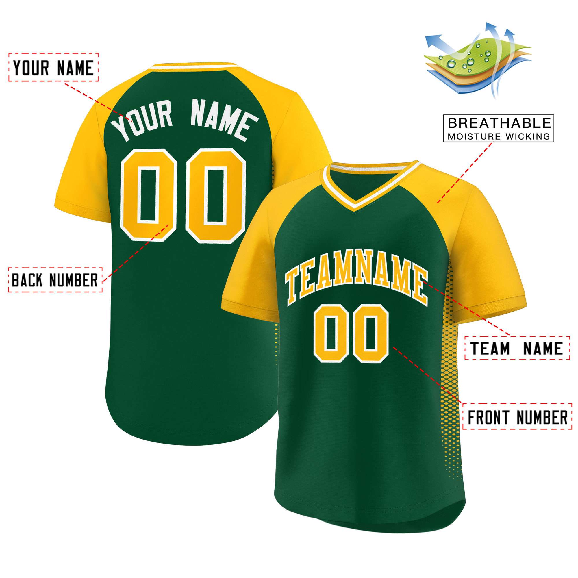 Custom Green Gold Raglan Sleeves Side Spot Authentic Pullover Baseball Jersey