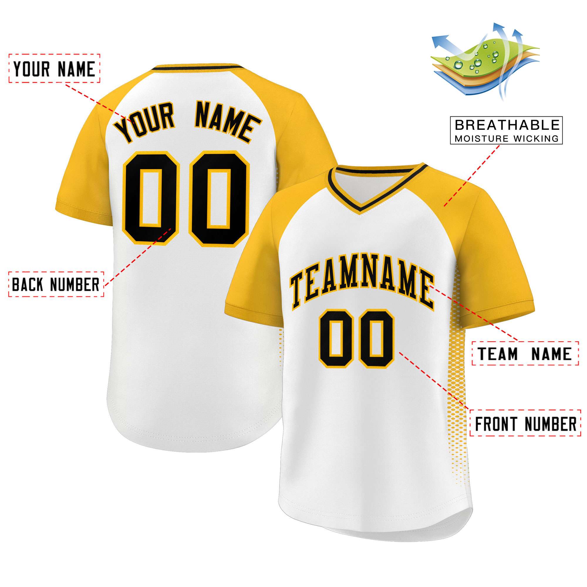 Custom White Gold Raglan Sleeves Side Spot Authentic Pullover Baseball Jersey