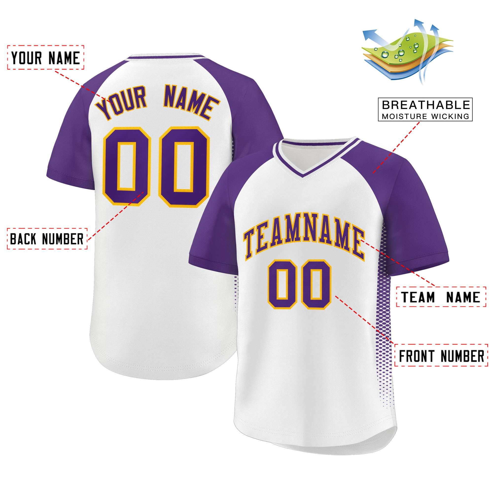 Custom White Purple Raglan Sleeves Side Spot Authentic Pullover Baseball Jersey