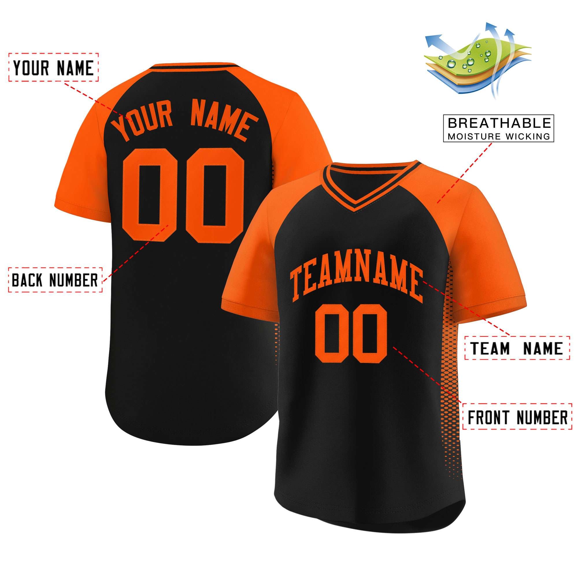 Custom Black Orange Raglan Sleeves Side Spot Authentic Pullover Baseball Jersey