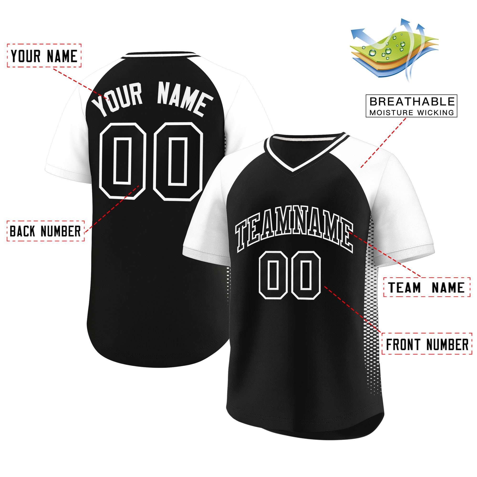 Custom Black White Raglan Sleeves Side Spot Authentic Pullover Baseball Jersey