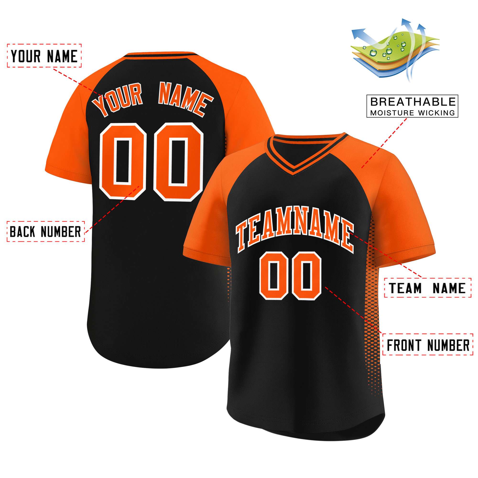 Custom Black Orange Raglan Sleeves Side Spot Authentic Pullover Baseball Jersey