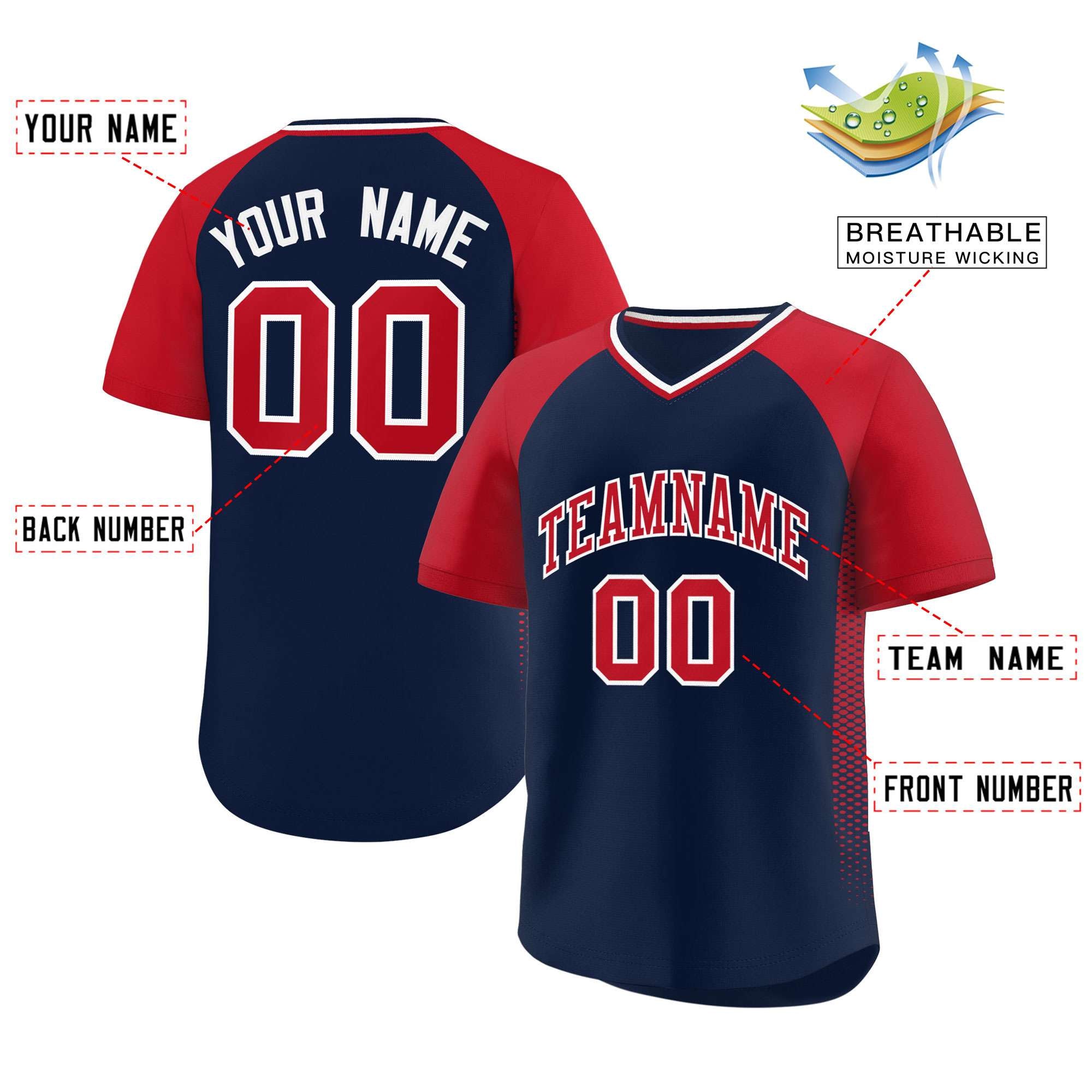 Custom Navy Red Raglan Sleeves Side Spot Authentic Pullover Baseball Jersey