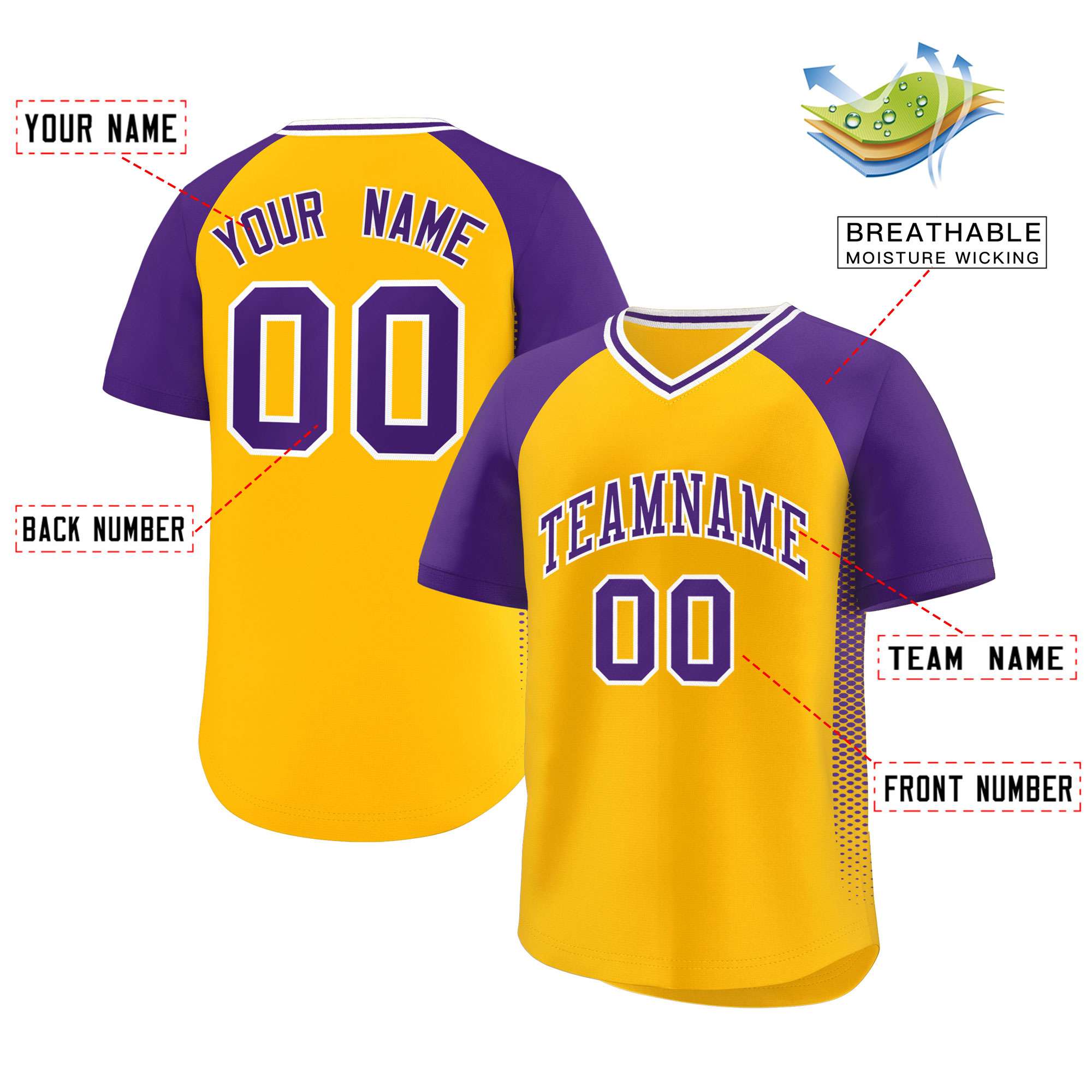 Custom Yellow Purple Raglan Sleeves Side Spot Authentic Pullover Baseball Jersey