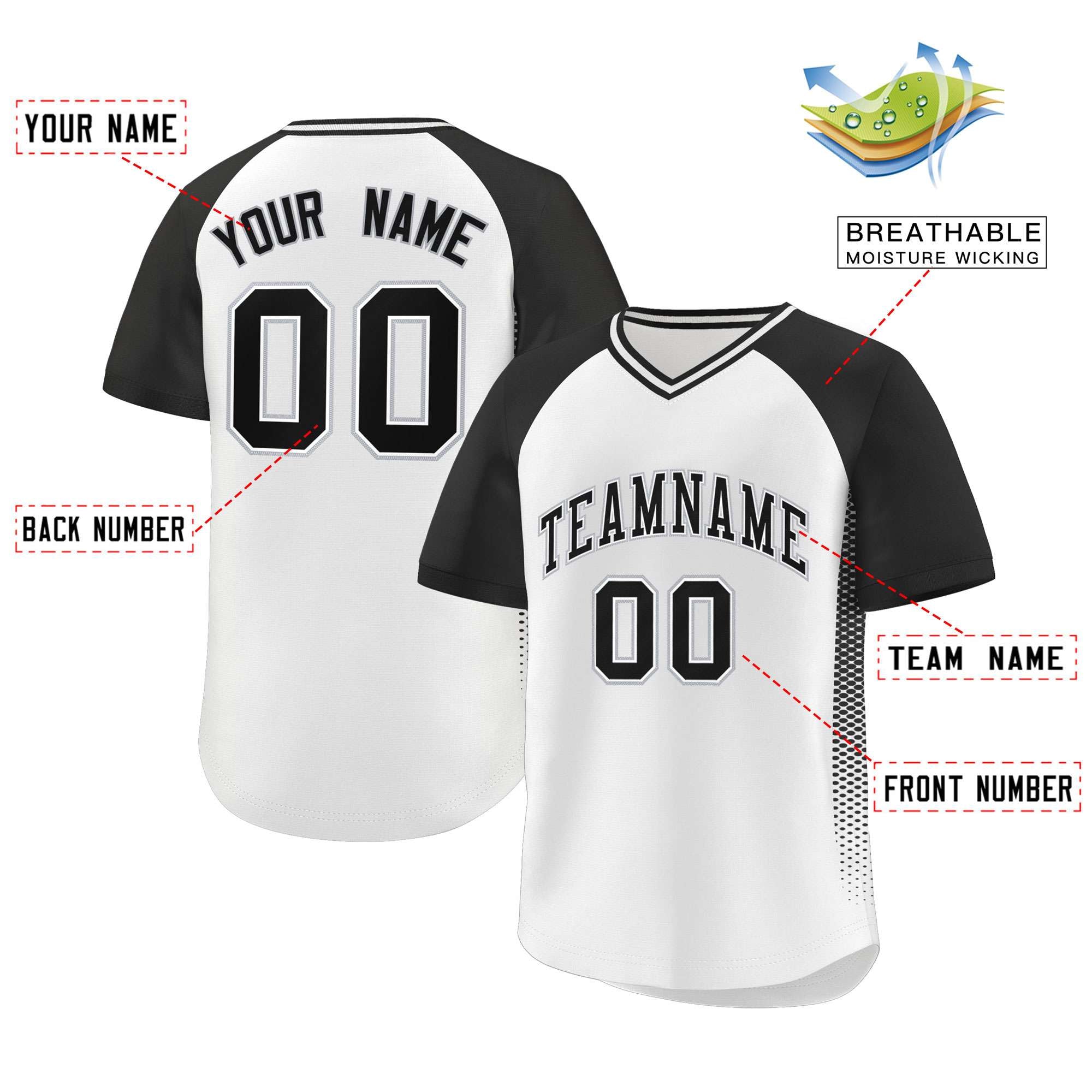 Custom White Black Raglan Sleeves Side Spot Authentic Pullover Baseball Jersey