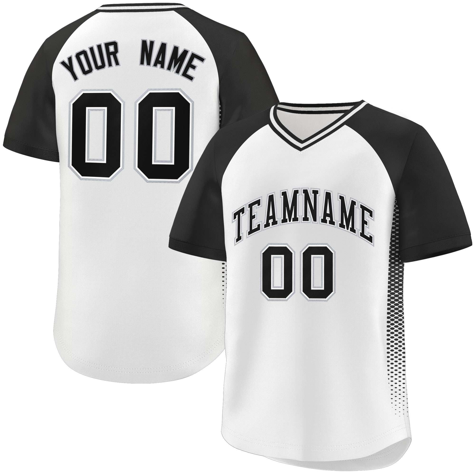 Custom White Black Raglan Sleeves Side Spot Authentic Pullover Baseball Jersey