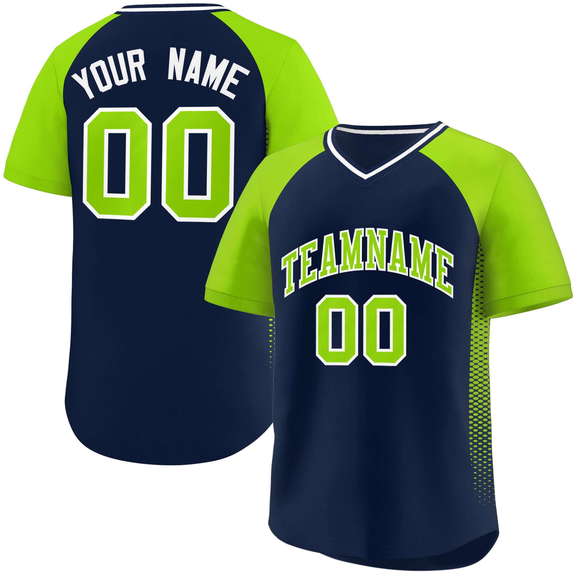 Custom Navy Neon Green Raglan Sleeves Side Spot Authentic Pullover Baseball Jersey