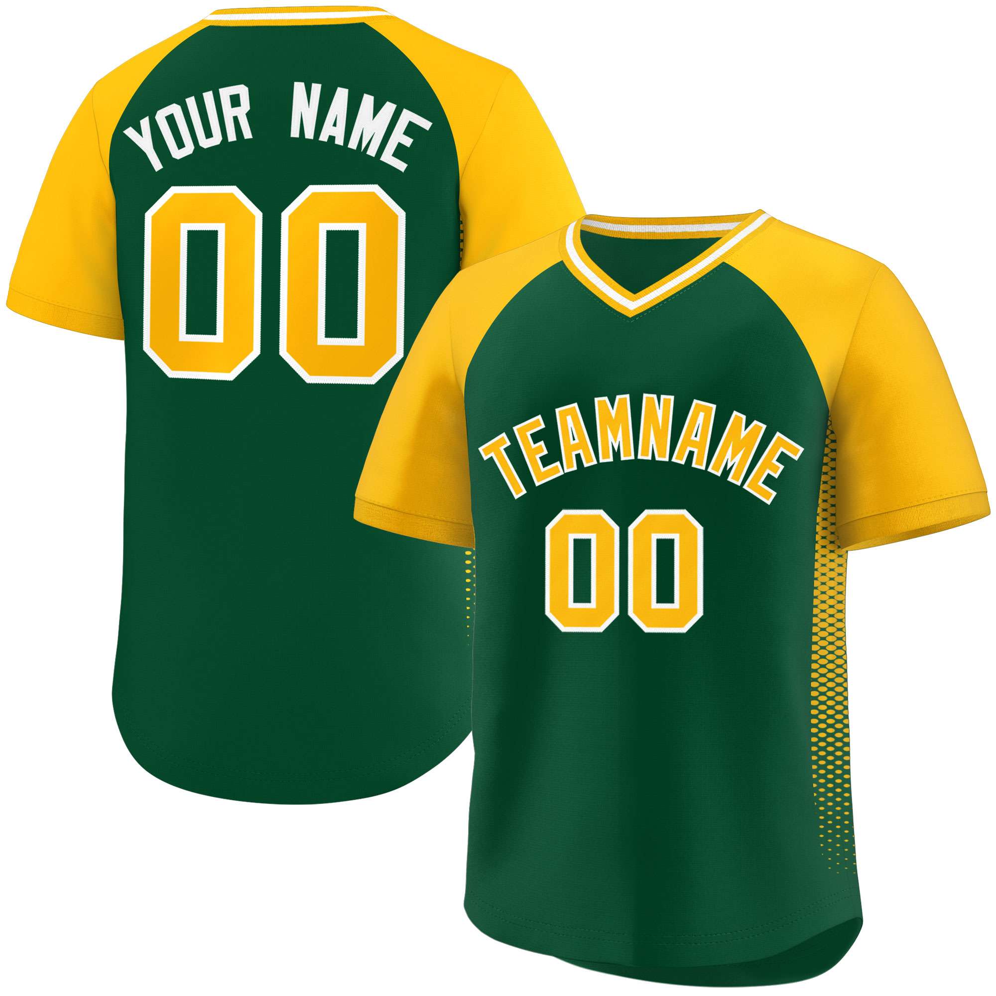 Custom Green Gold Raglan Sleeves Side Spot Authentic Pullover Baseball Jersey