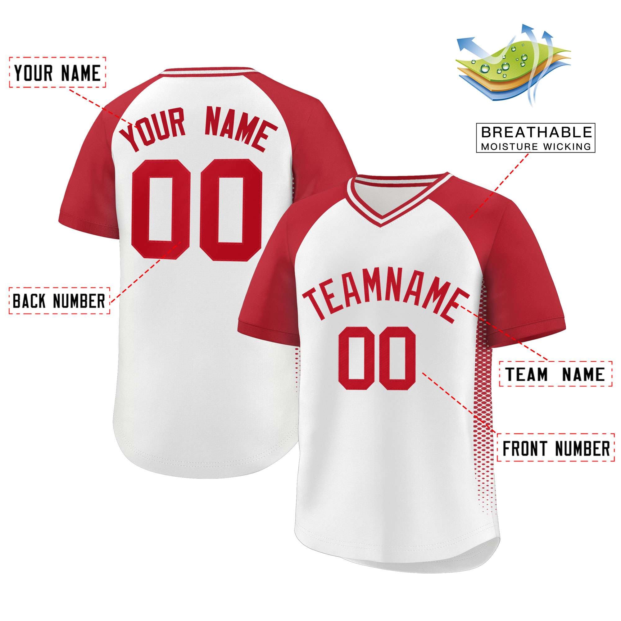 Custom White Red Raglan Sleeves Side Spot Authentic Pullover Baseball Jersey