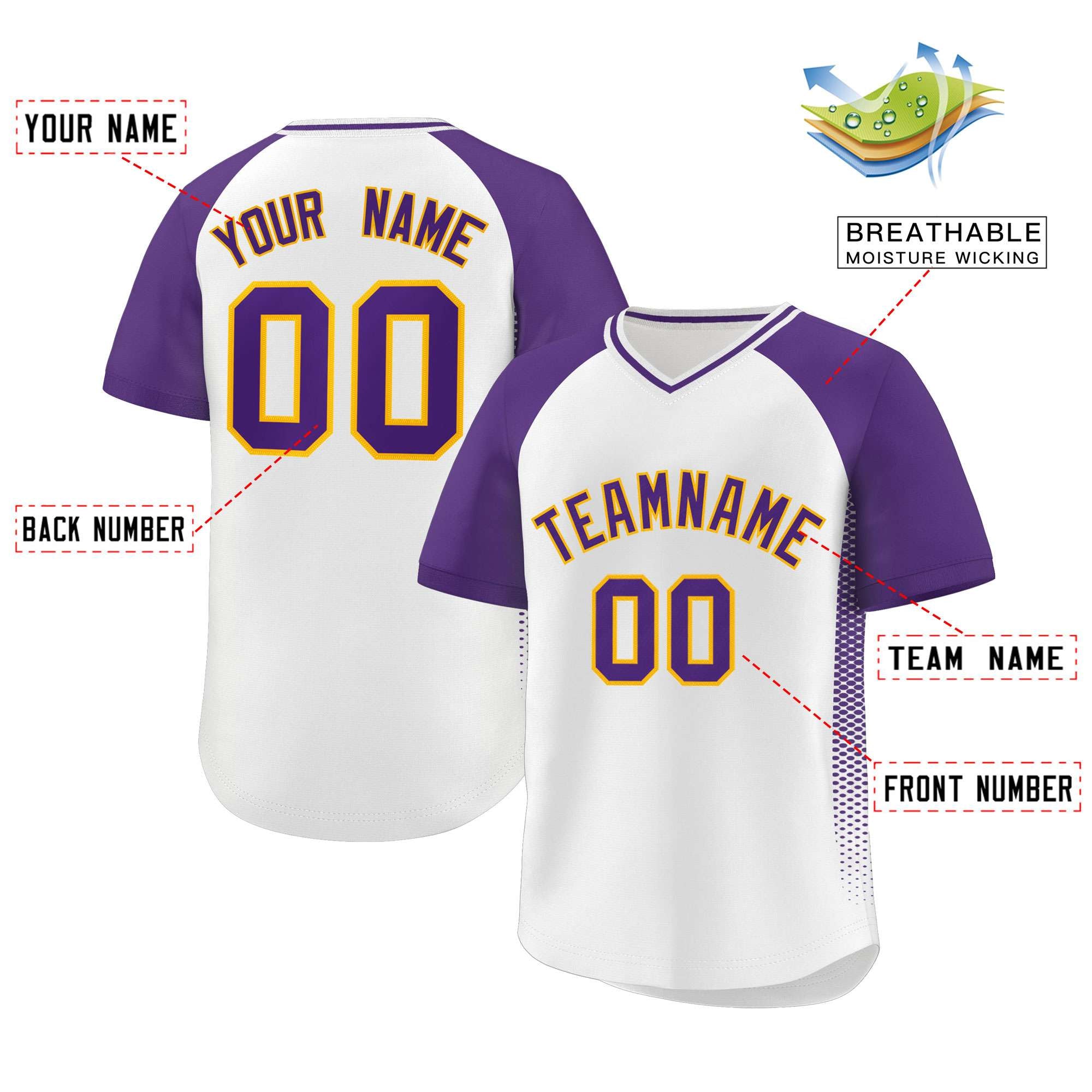 Custom White Purple Raglan Sleeves Side Spot Authentic Pullover Baseball Jersey