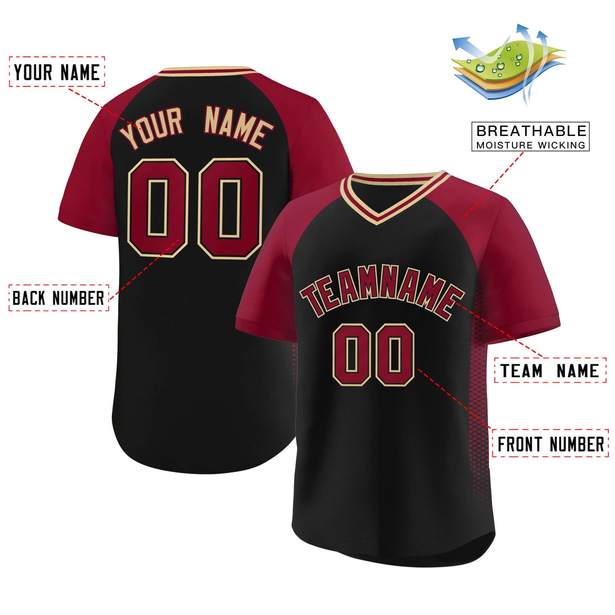 Custom Black Crimson Raglan Sleeves Side Spot Authentic Pullover Baseball Jersey