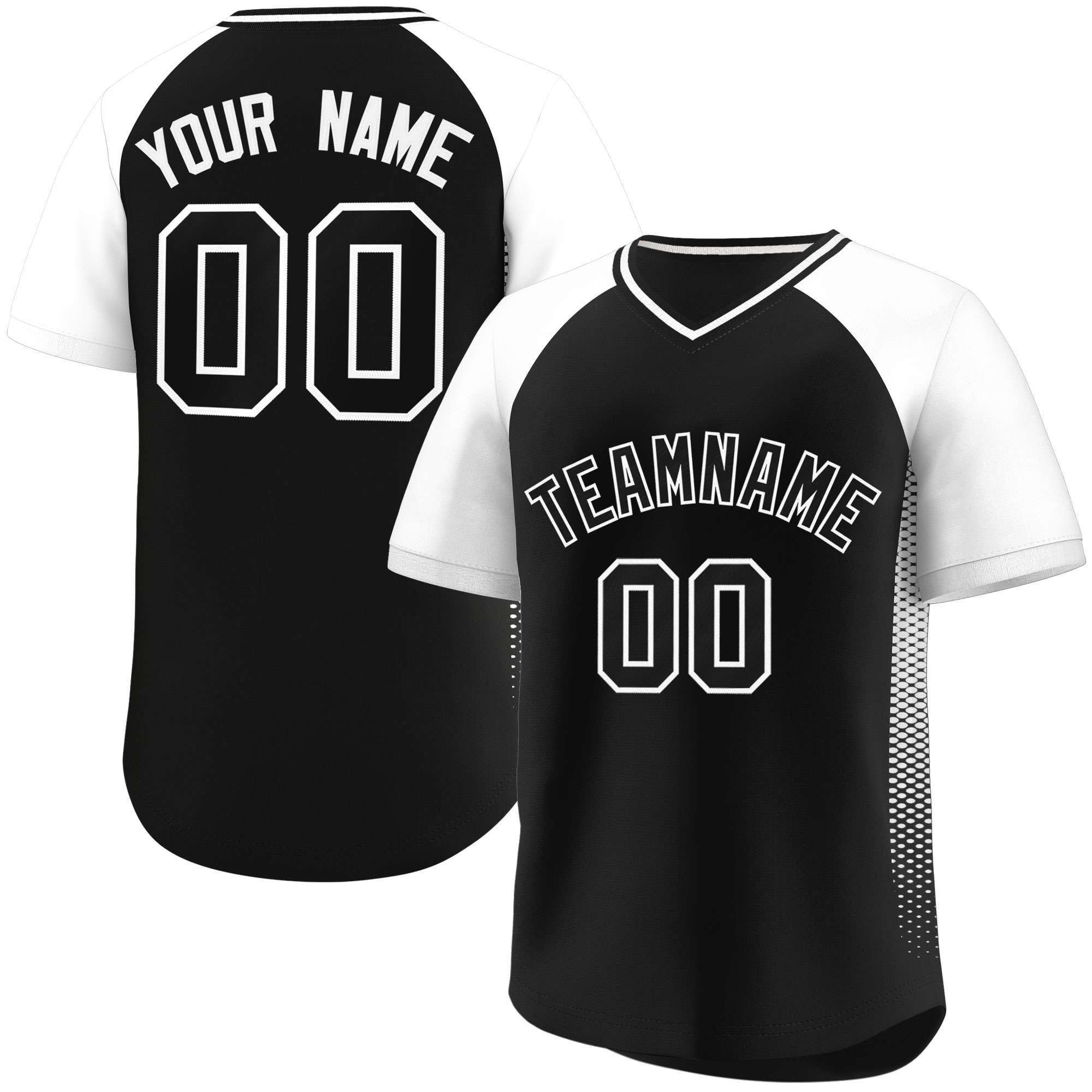 Custom Black White Raglan Sleeves Side Spot Authentic Pullover Baseball Jersey