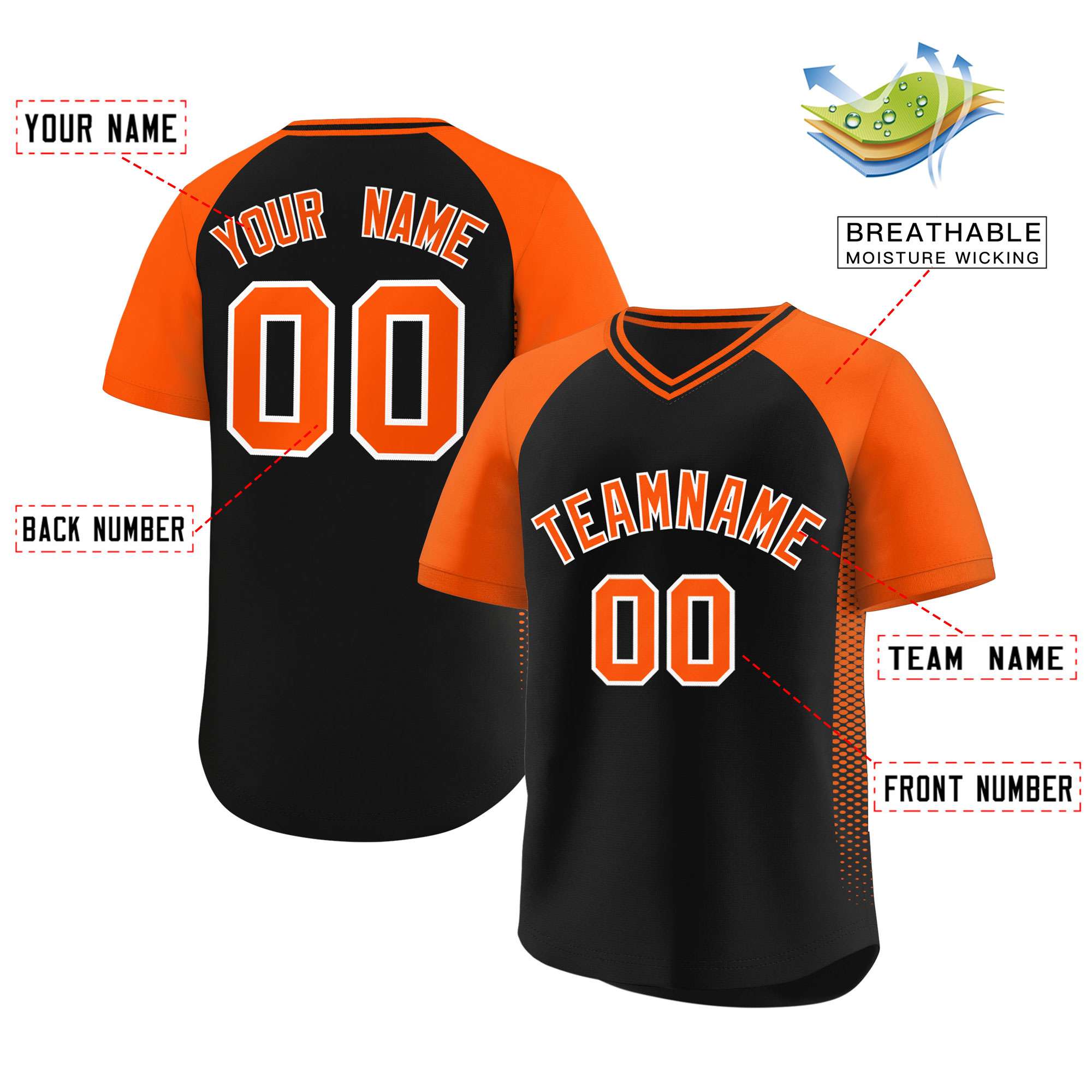 Custom Black Orange Raglan Sleeves Side Spot Authentic Pullover Baseball Jersey