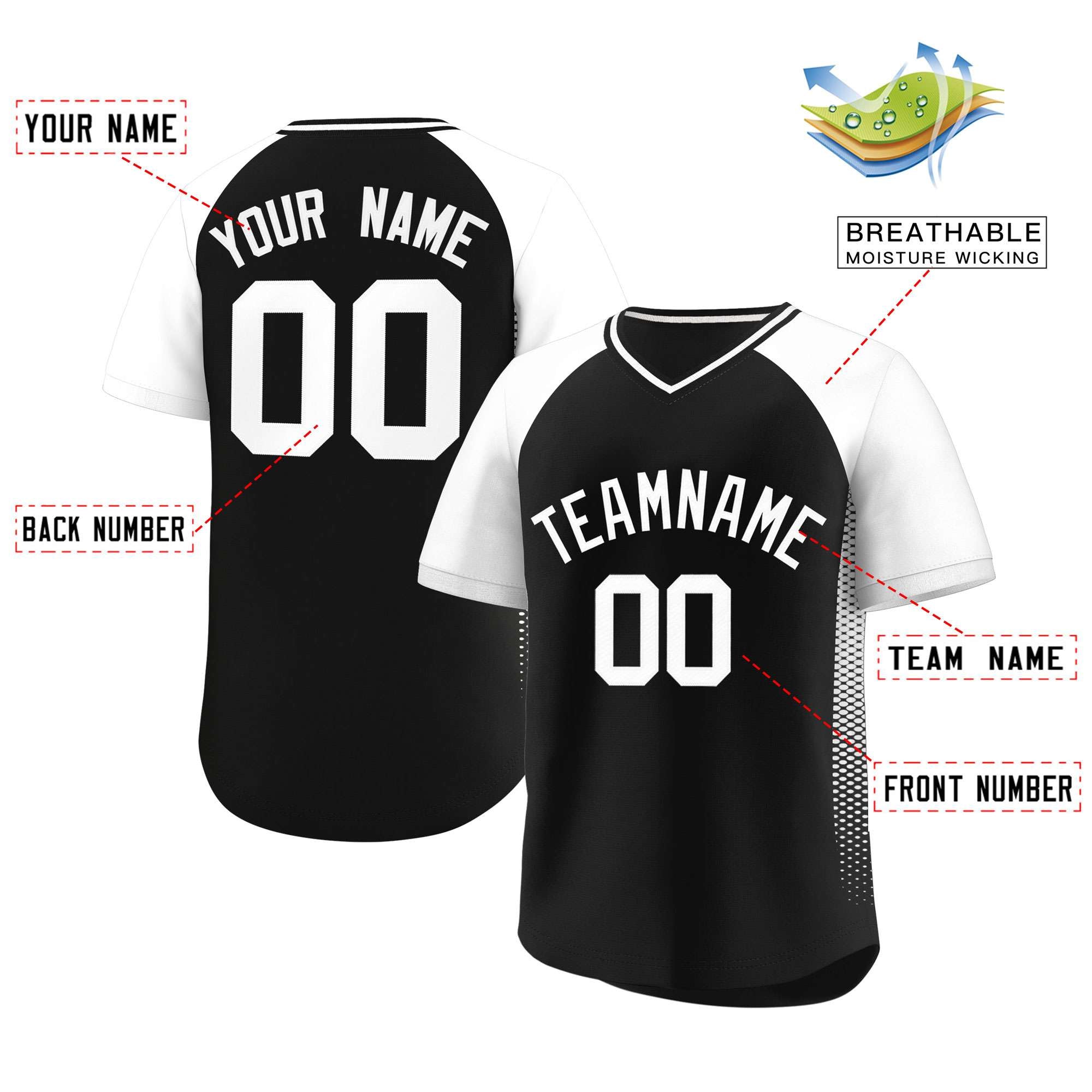 Custom Black White Raglan Sleeves Side Spot Authentic Pullover Baseball Jersey