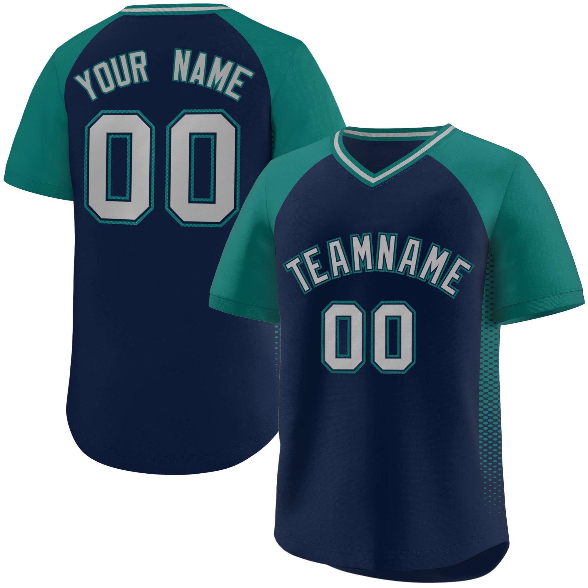 Custom Navy Aqua Raglan Sleeves Side Spot Authentic Pullover Baseball Jersey