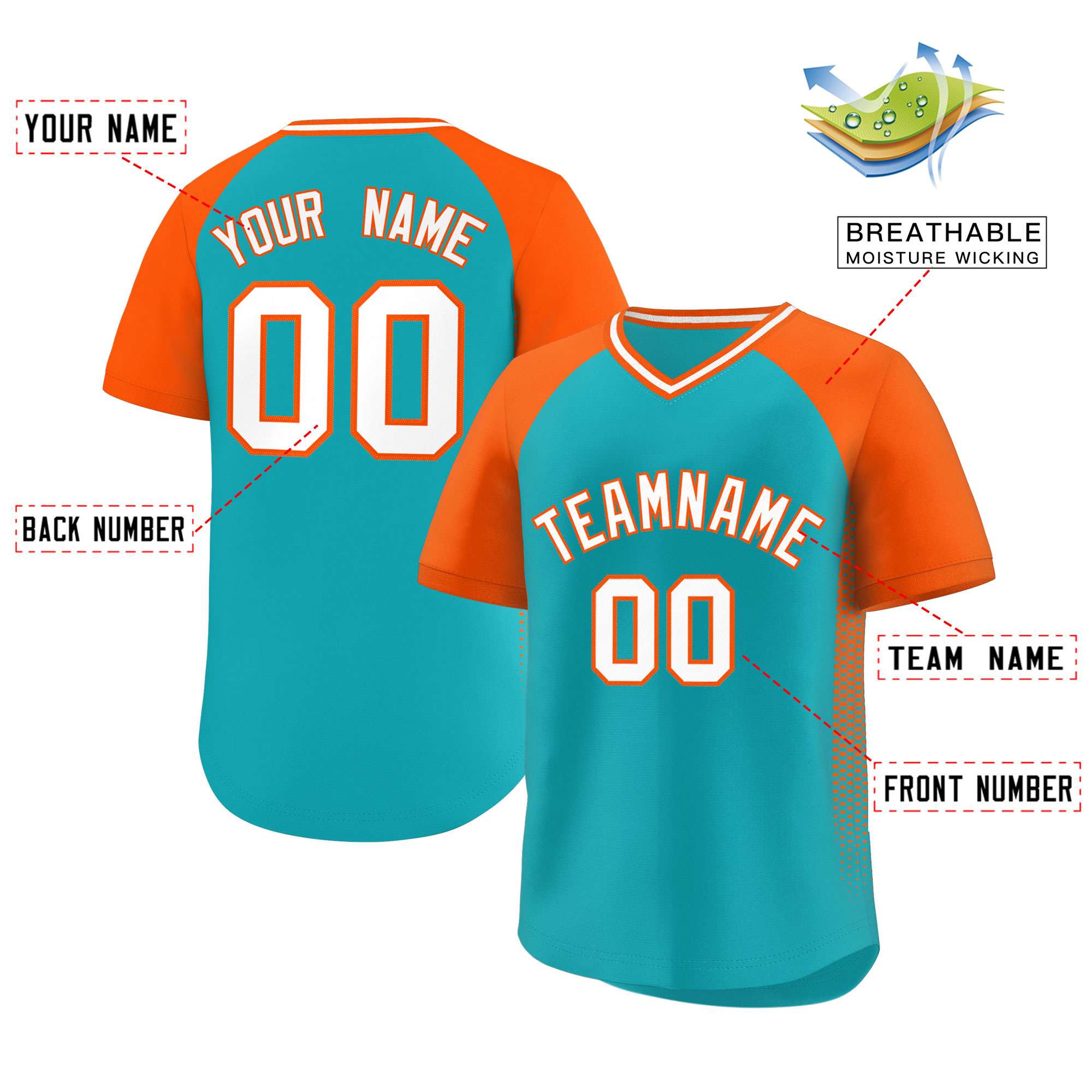 Custom Aqua Orange Raglan Sleeves Side Spot Authentic Pullover Baseball Jersey