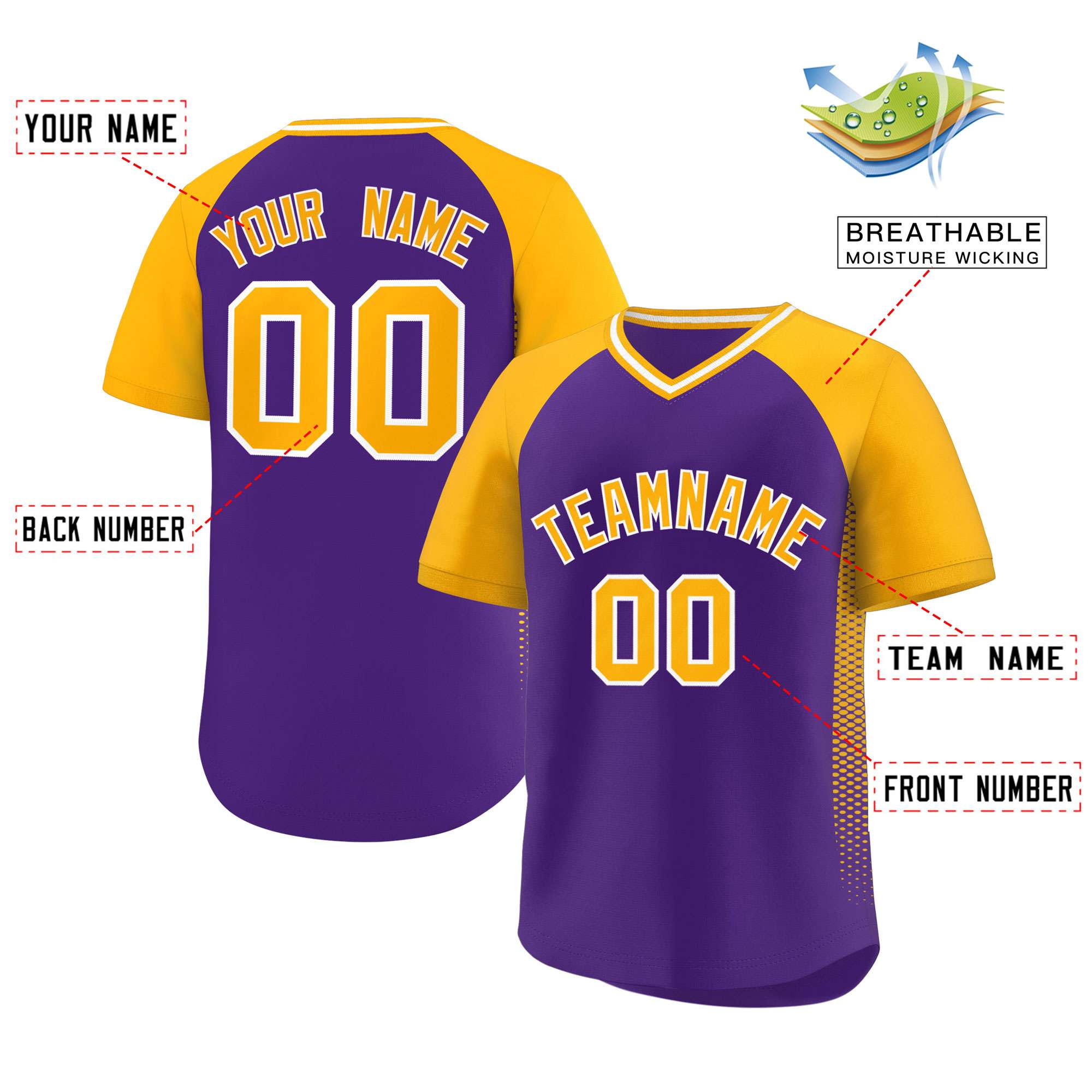 Custom Purple Gold Raglan Sleeves Side Spot Authentic Pullover Baseball Jersey