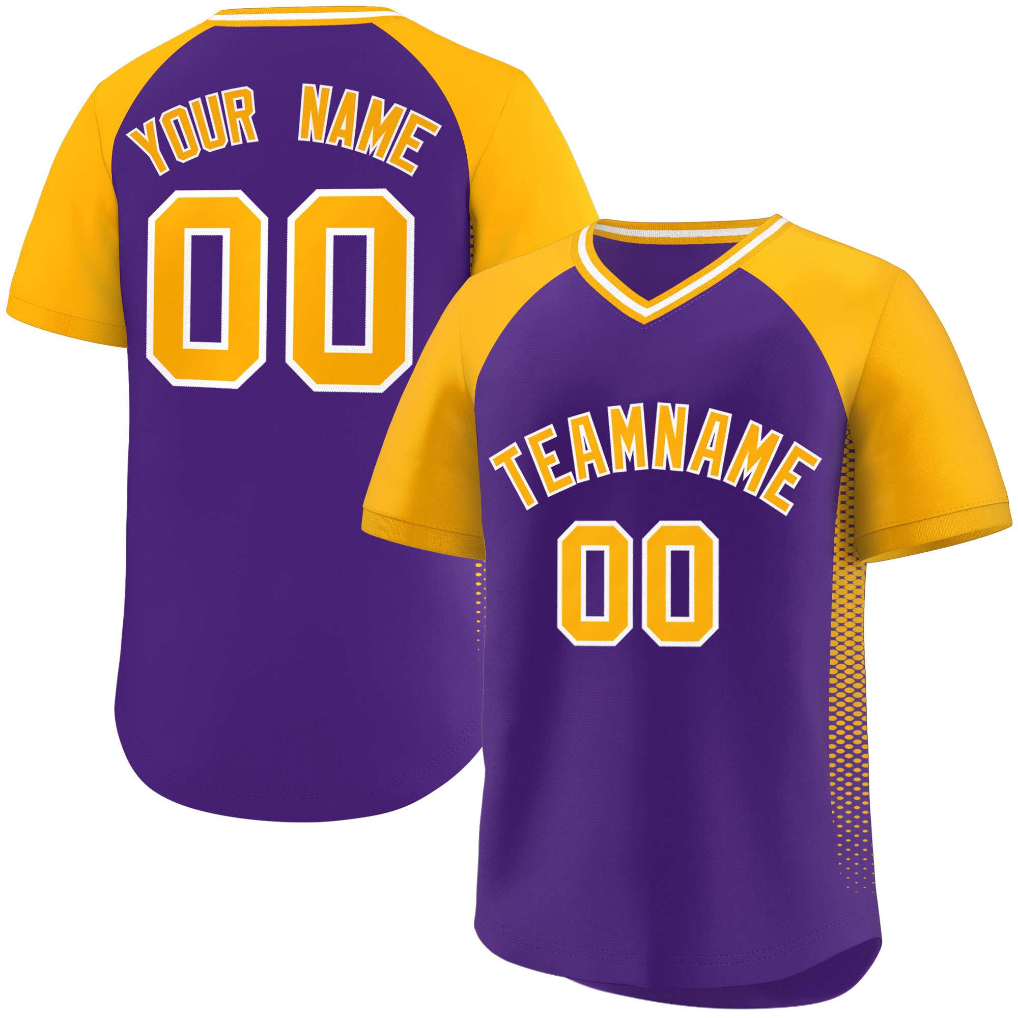 Custom Purple Gold Raglan Sleeves Side Spot Authentic Pullover Baseball Jersey