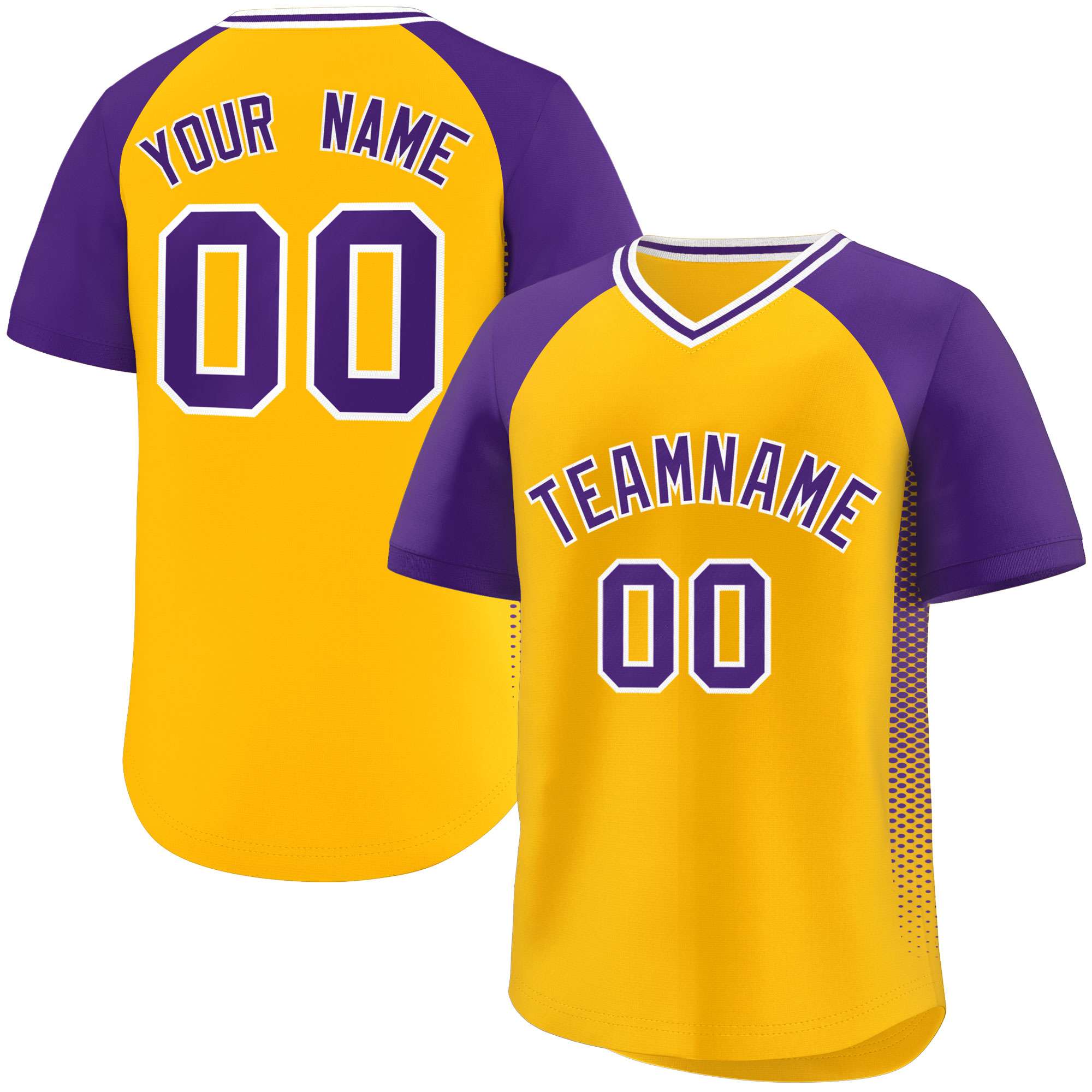 Custom Yellow Purple Raglan Sleeves Side Spot Authentic Pullover Baseball Jersey