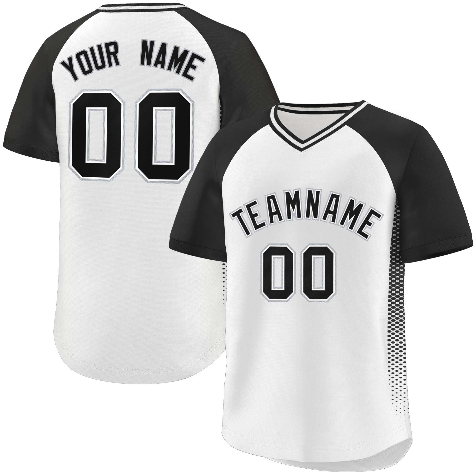 Custom White Black Raglan Sleeves Side Spot Authentic Pullover Baseball Jersey