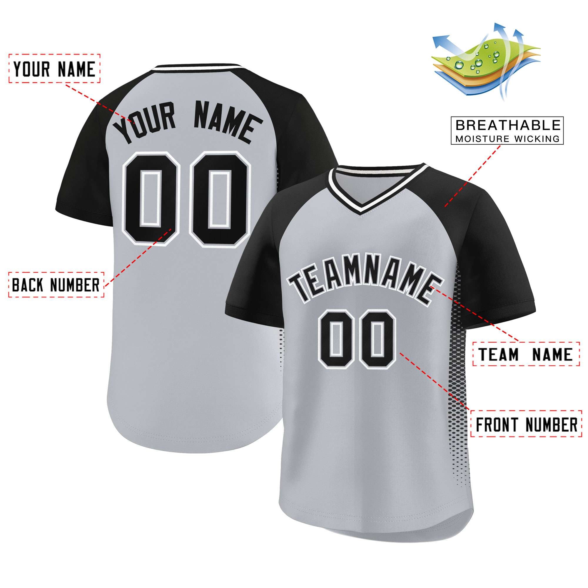 Custom Gray Black Raglan Sleeves Side Spot Authentic Pullover Baseball Jersey