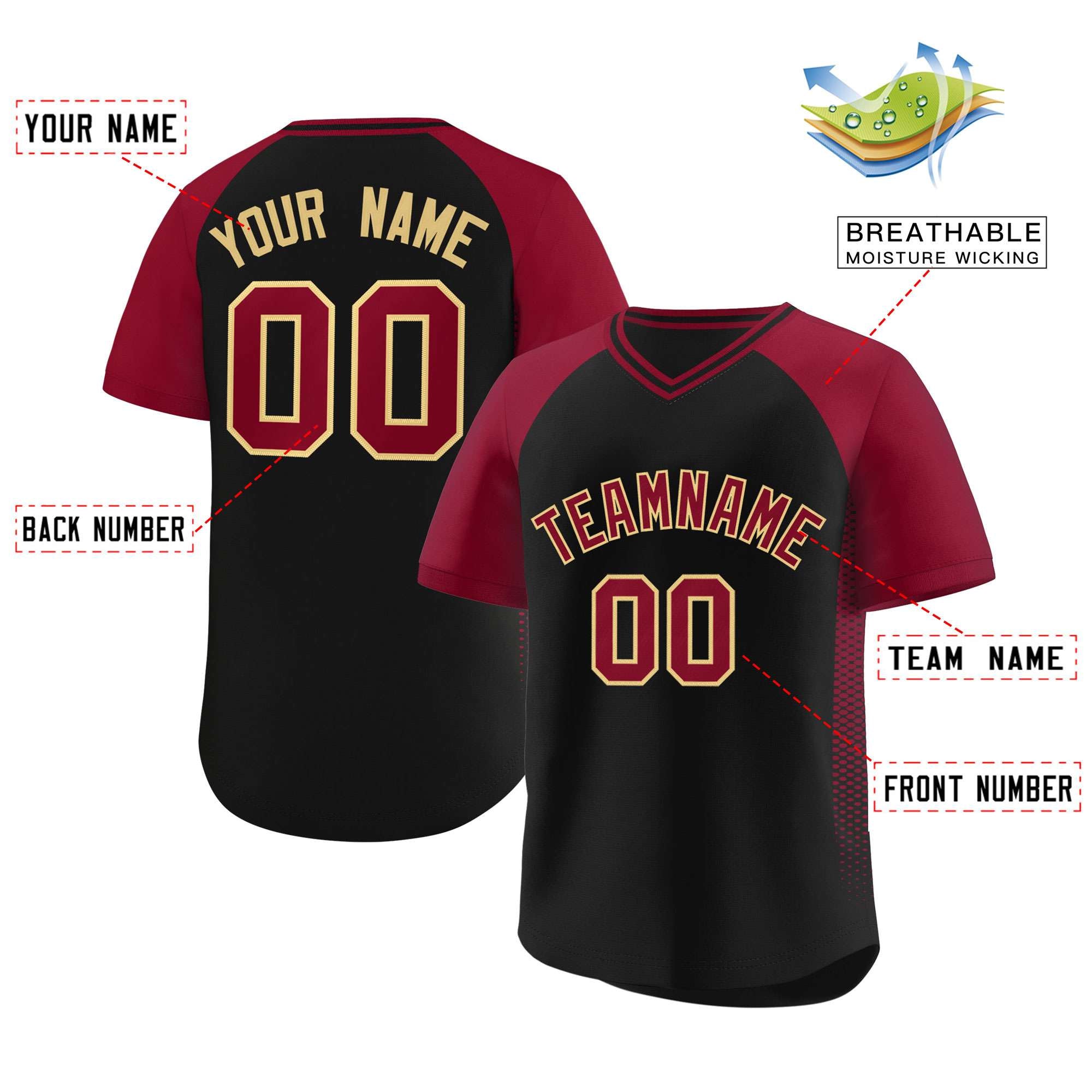 Custom Black Crimson Raglan Sleeves Side Spot Authentic Pullover Baseball Jersey