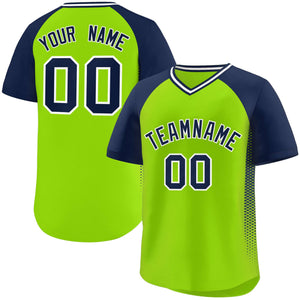 Custom Neon Green Navy Side Spot Raglan Sleeves Authentic Pullover Baseball Jersey