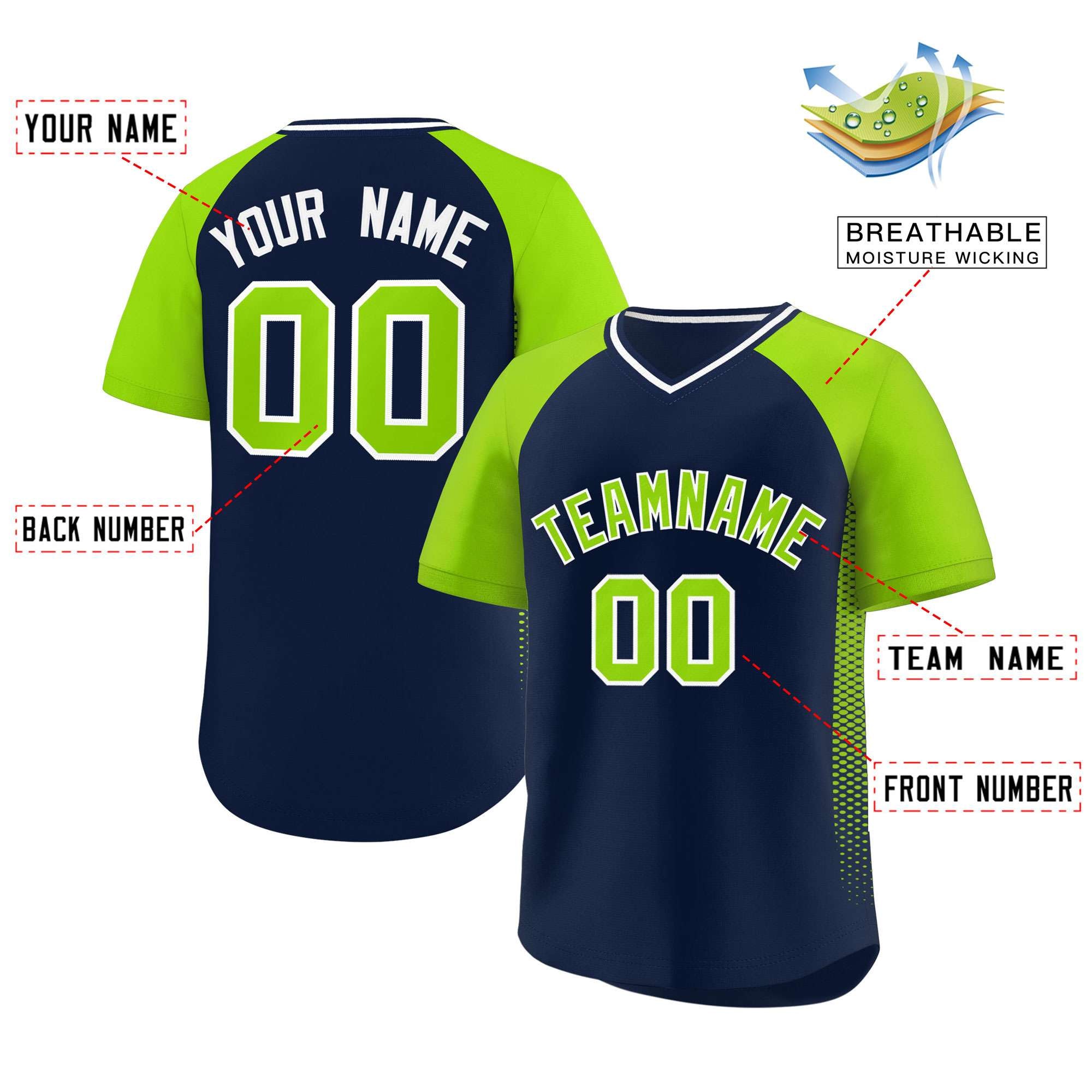 Custom Navy Neon Green Raglan Sleeves Side Spot Authentic Pullover Baseball Jersey