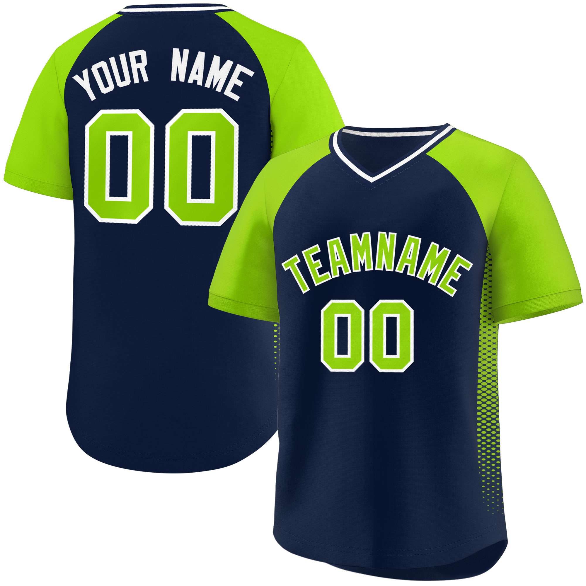 Custom Navy Neon Green Raglan Sleeves Side Spot Authentic Pullover Baseball Jersey