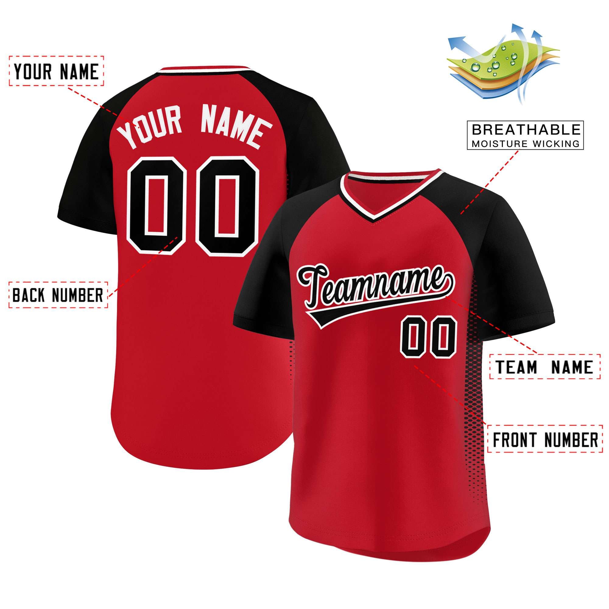 Custom Red Black Raglan Sleeves Side Spot Authentic Pullover Baseball Jersey