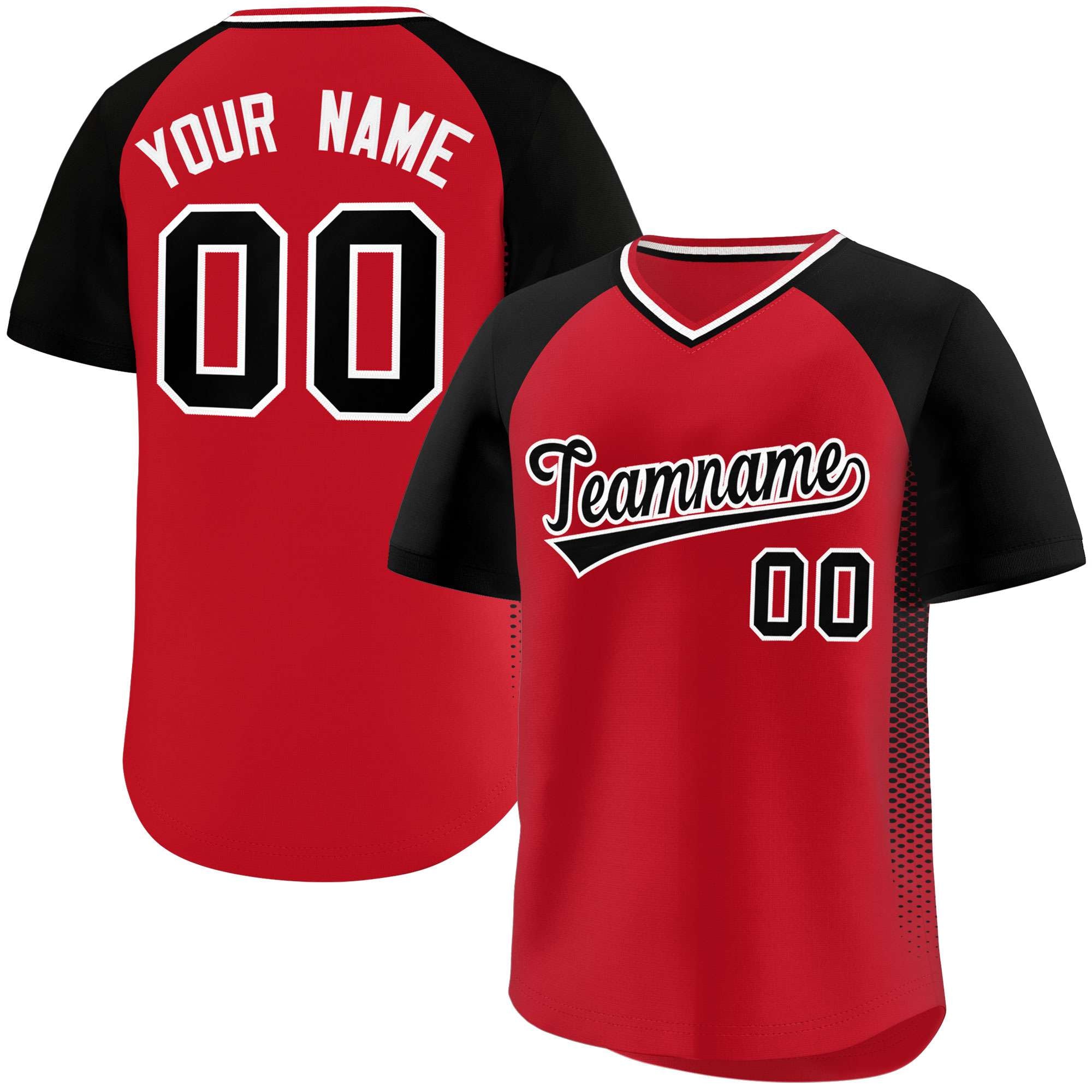 Custom Red Black Raglan Sleeves Side Spot Authentic Pullover Baseball Jersey