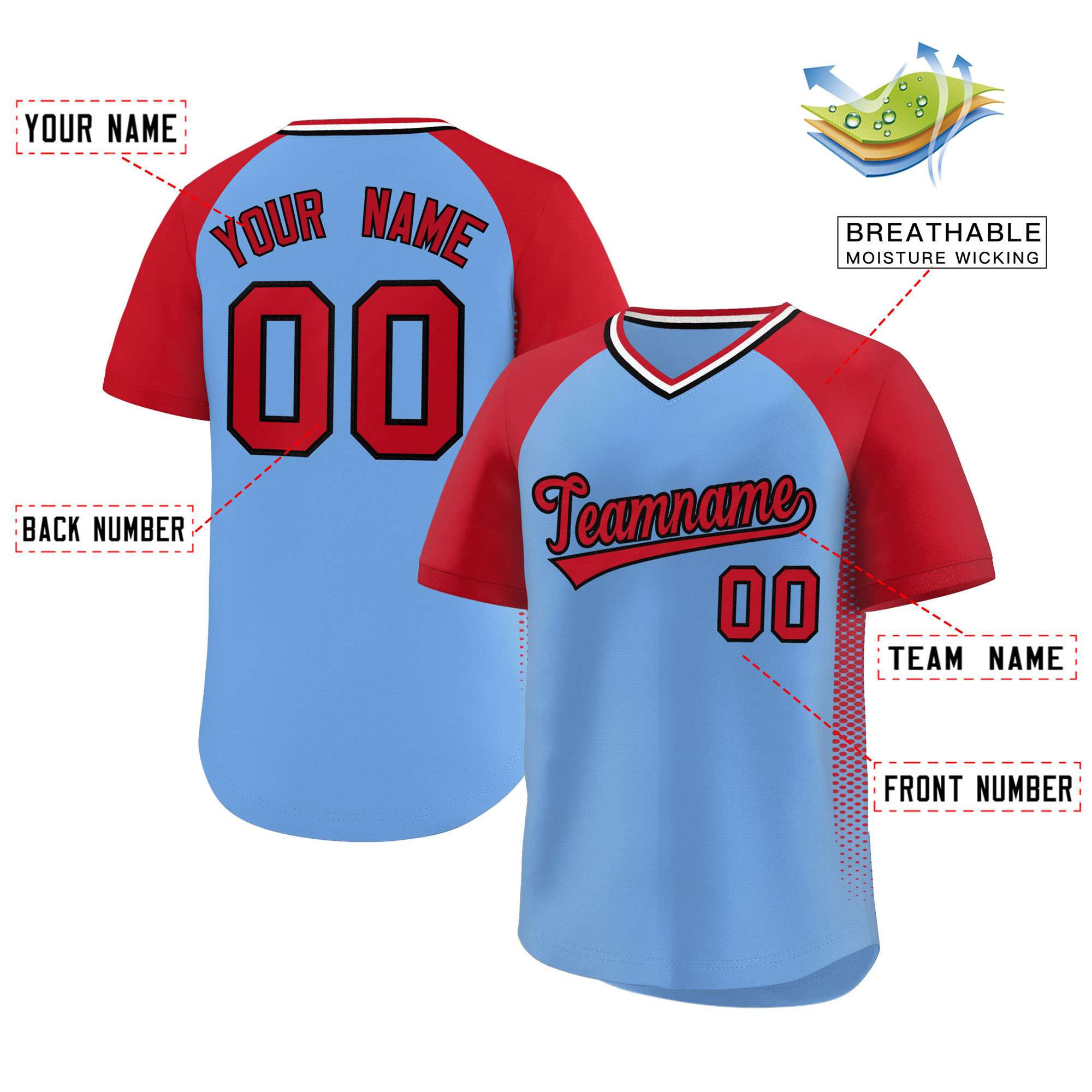 Custom Light Blue Red Raglan Sleeves Side Spot Authentic Pullover Baseball Jersey