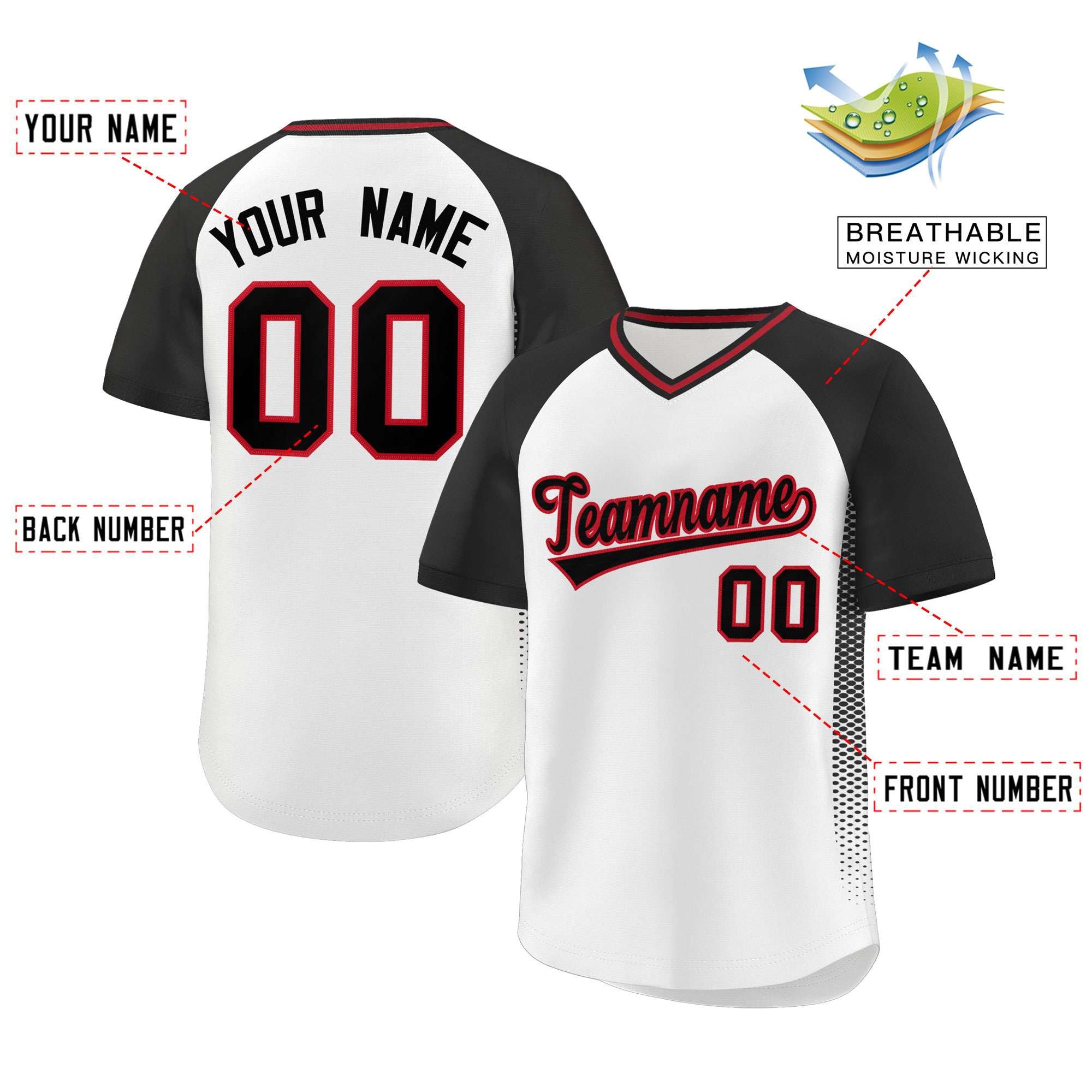 Custom White Black Raglan Sleeves Side Spot Authentic Pullover Baseball Jersey