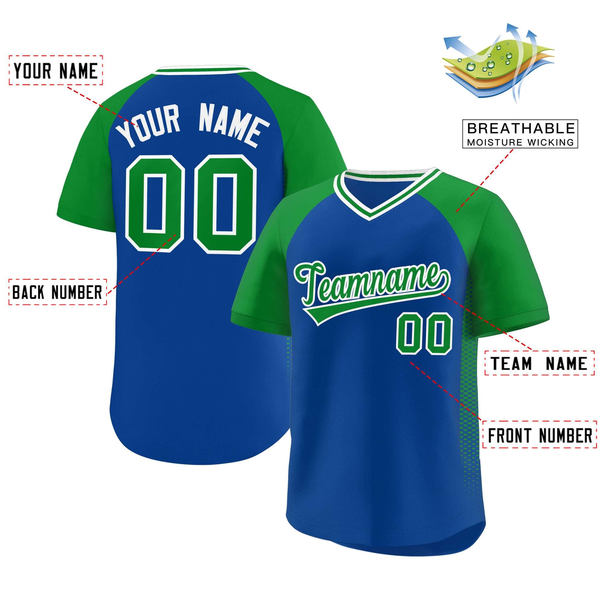 Custom Royal Kelly Green Raglan Sleeves Side Spot Authentic Pullover Baseball Jersey