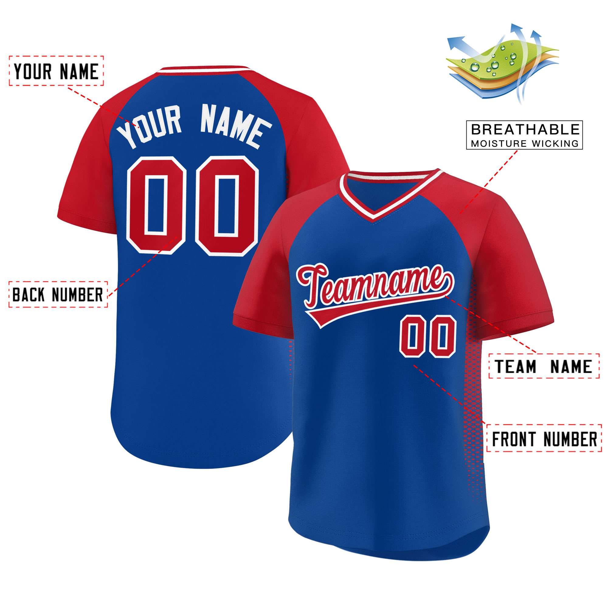 Custom Royal Red Raglan Sleeves Side Spot Authentic Pullover Baseball Jersey