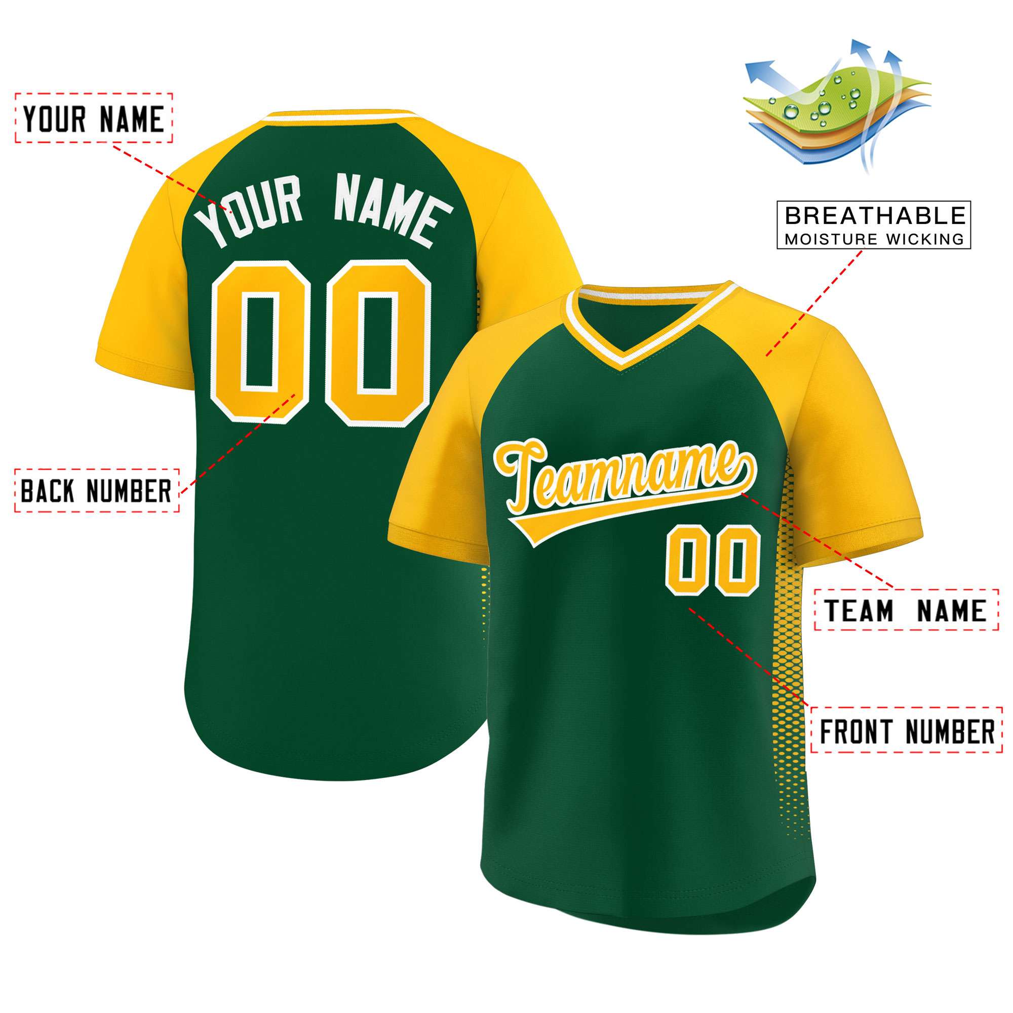 Custom Green Gold Raglan Sleeves Side Spot Authentic Pullover Baseball Jersey