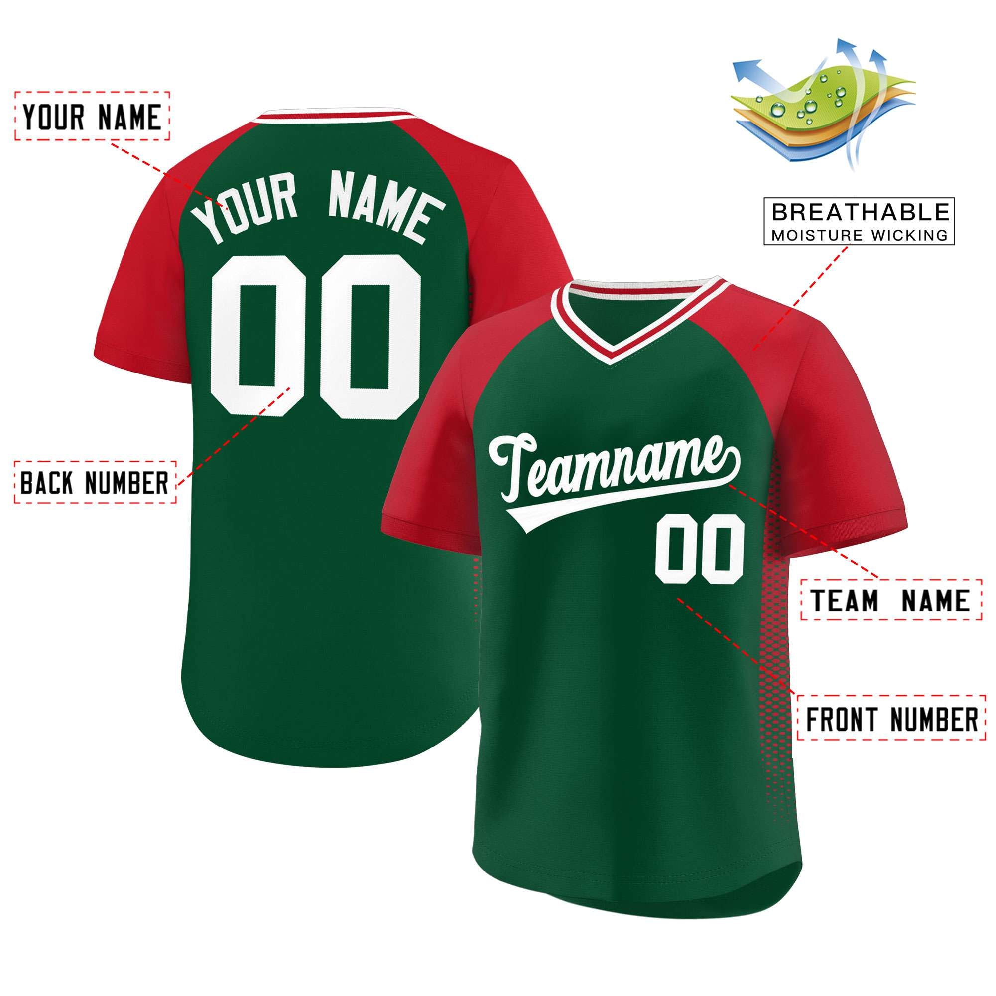 Custom Green Red Raglan Sleeves Side Spot Authentic Pullover Baseball Jersey