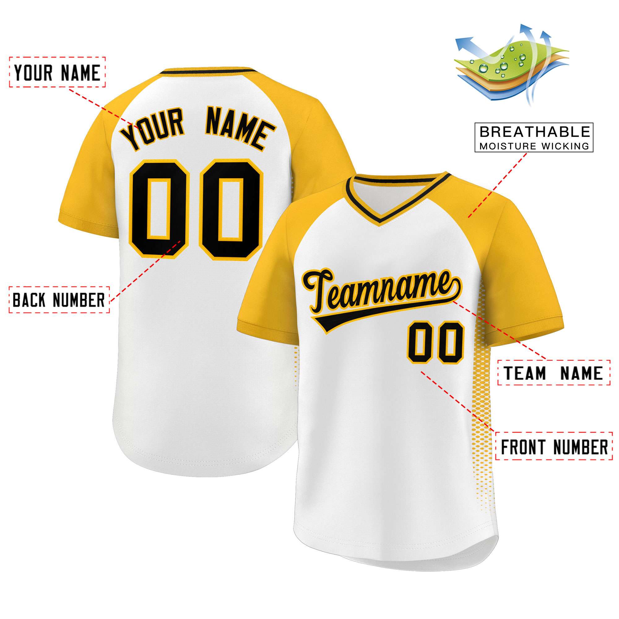 Custom White Gold Raglan Sleeves Side Spot Authentic Pullover Baseball Jersey