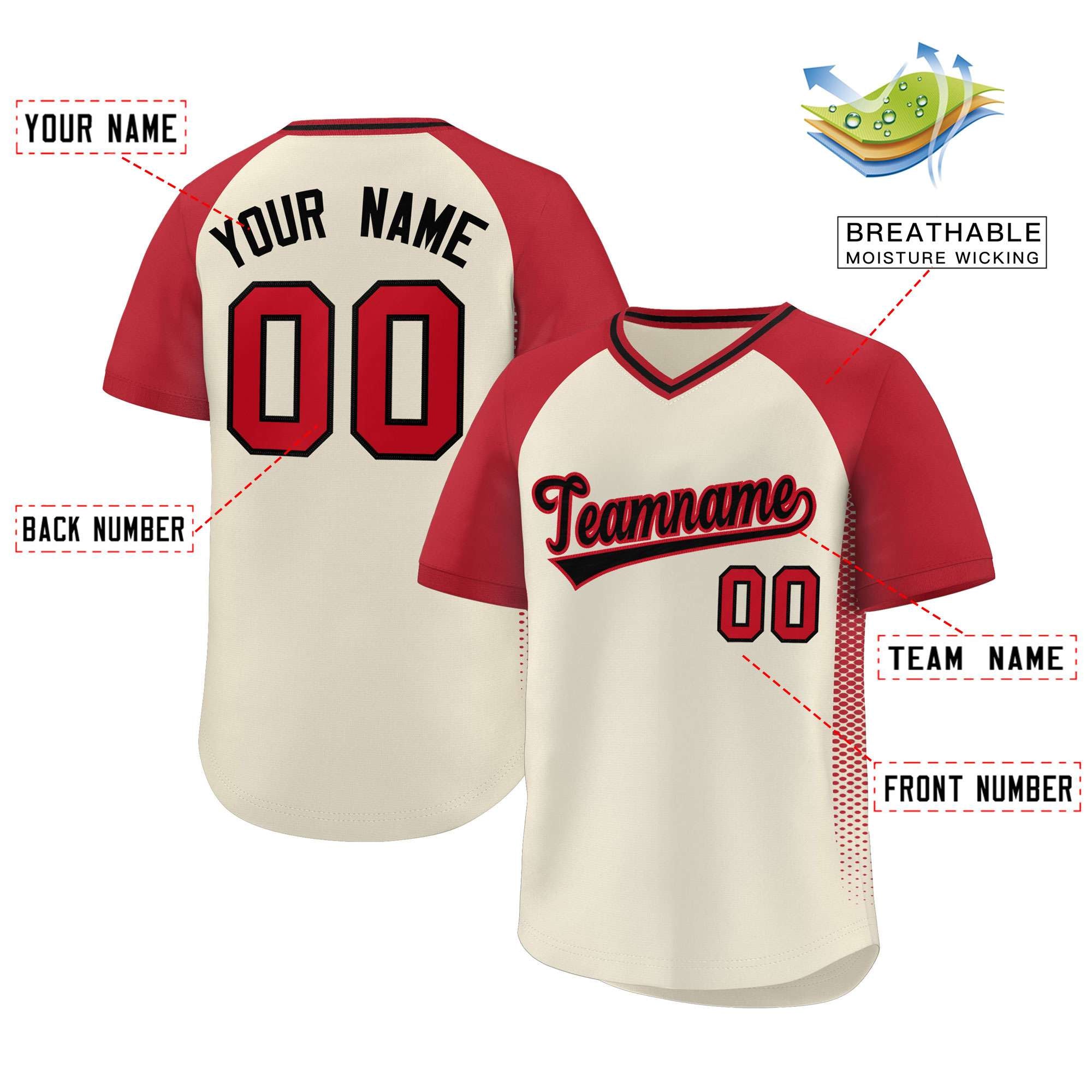 Custom Cream Red Raglan Sleeves Side Spot Authentic Pullover Baseball Jersey