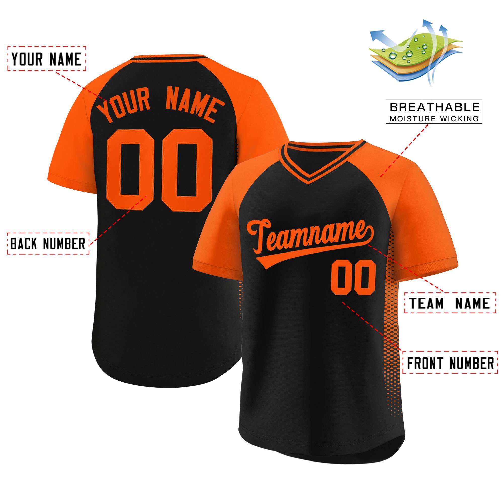 Custom Black Orange Raglan Sleeves Side Spot Authentic Pullover Baseball Jersey