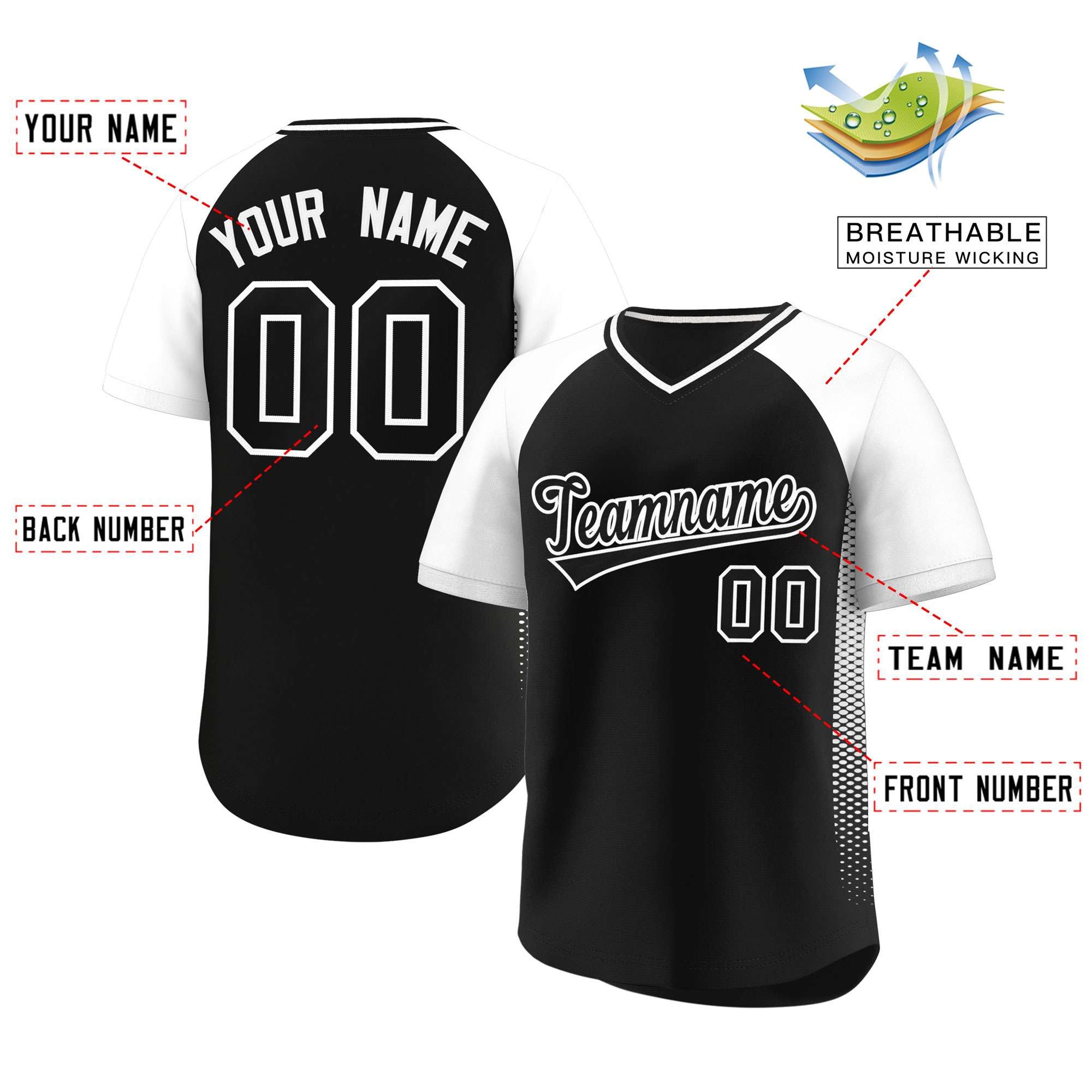 Custom Black White Raglan Sleeves Side Spot Authentic Pullover Baseball Jersey