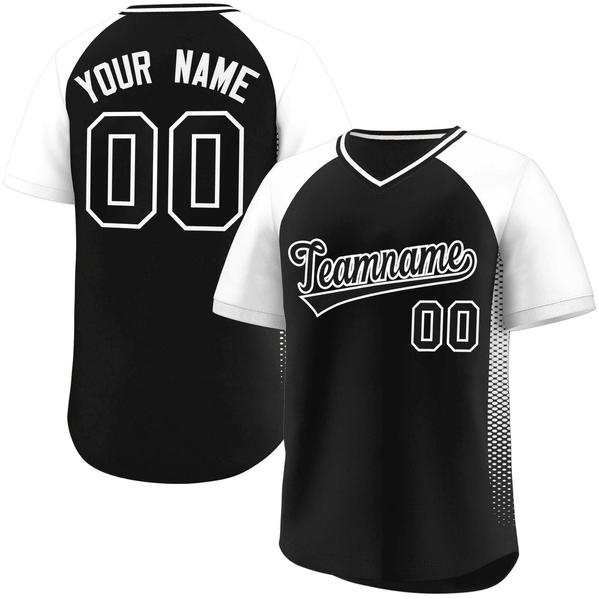 Custom Black White Raglan Sleeves Side Spot Authentic Pullover Baseball Jersey