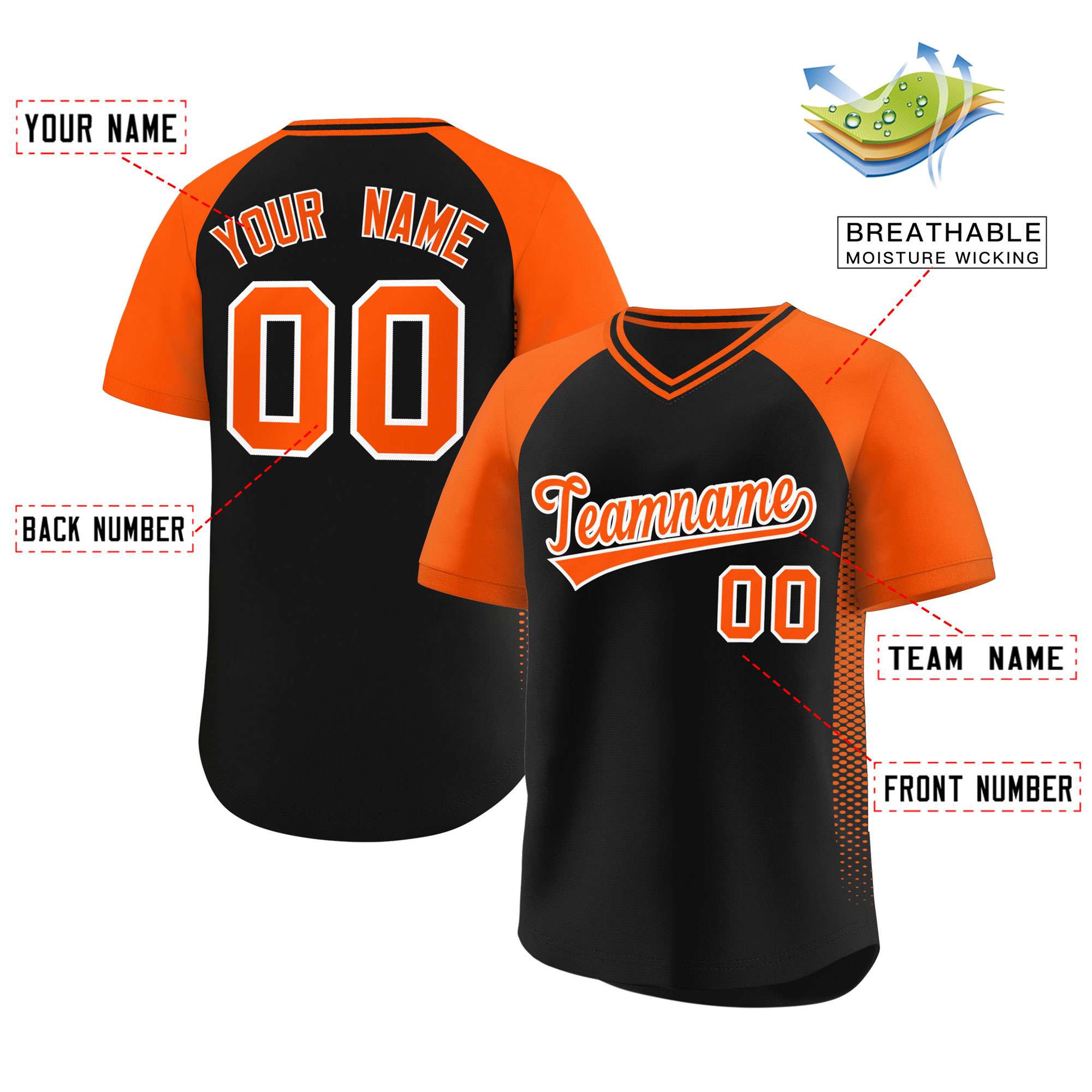 Custom Black Orange Raglan Sleeves Side Spot Authentic Pullover Baseball Jersey