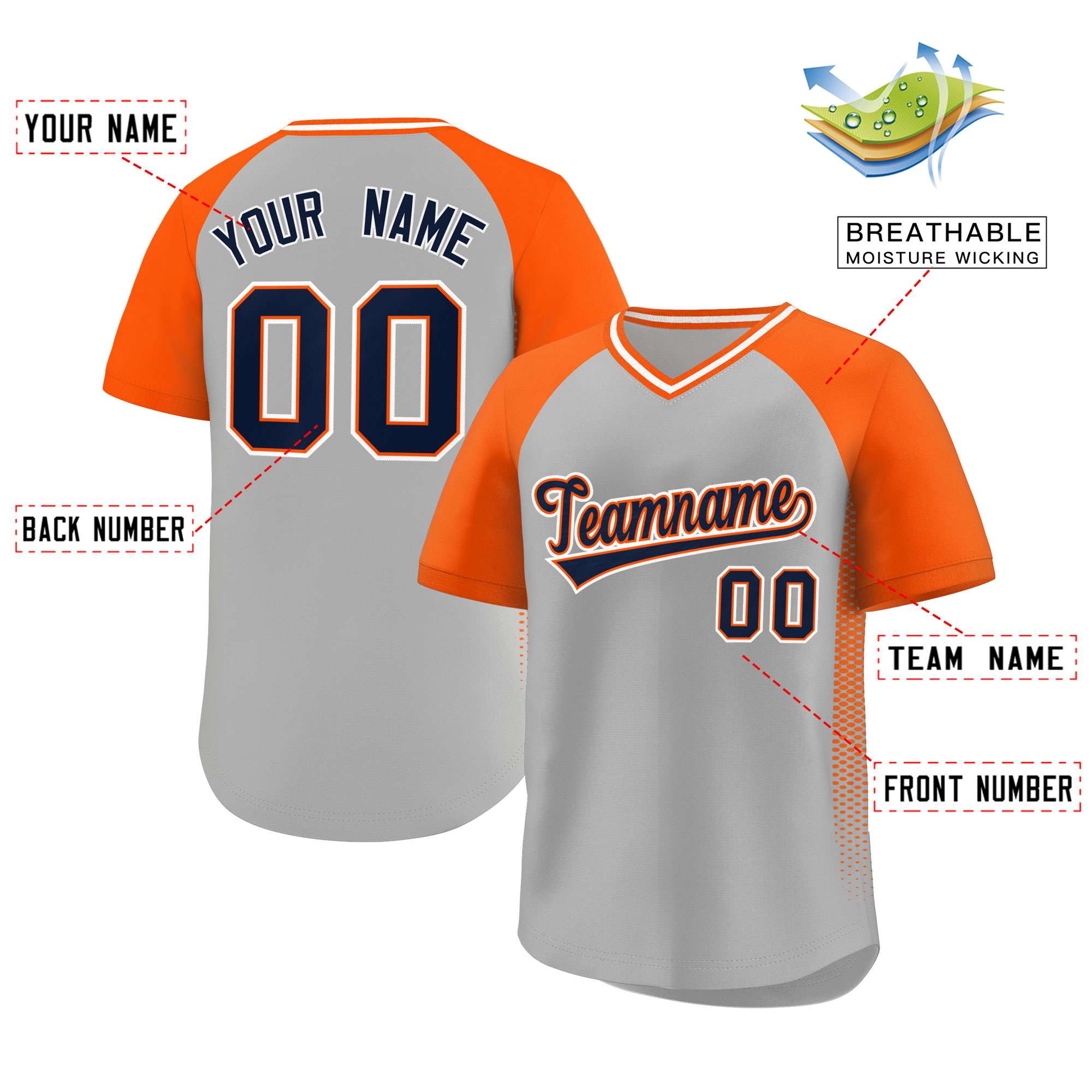 Custom Gray Orange Raglan Sleeves Side Spot Authentic Pullover Baseball Jersey