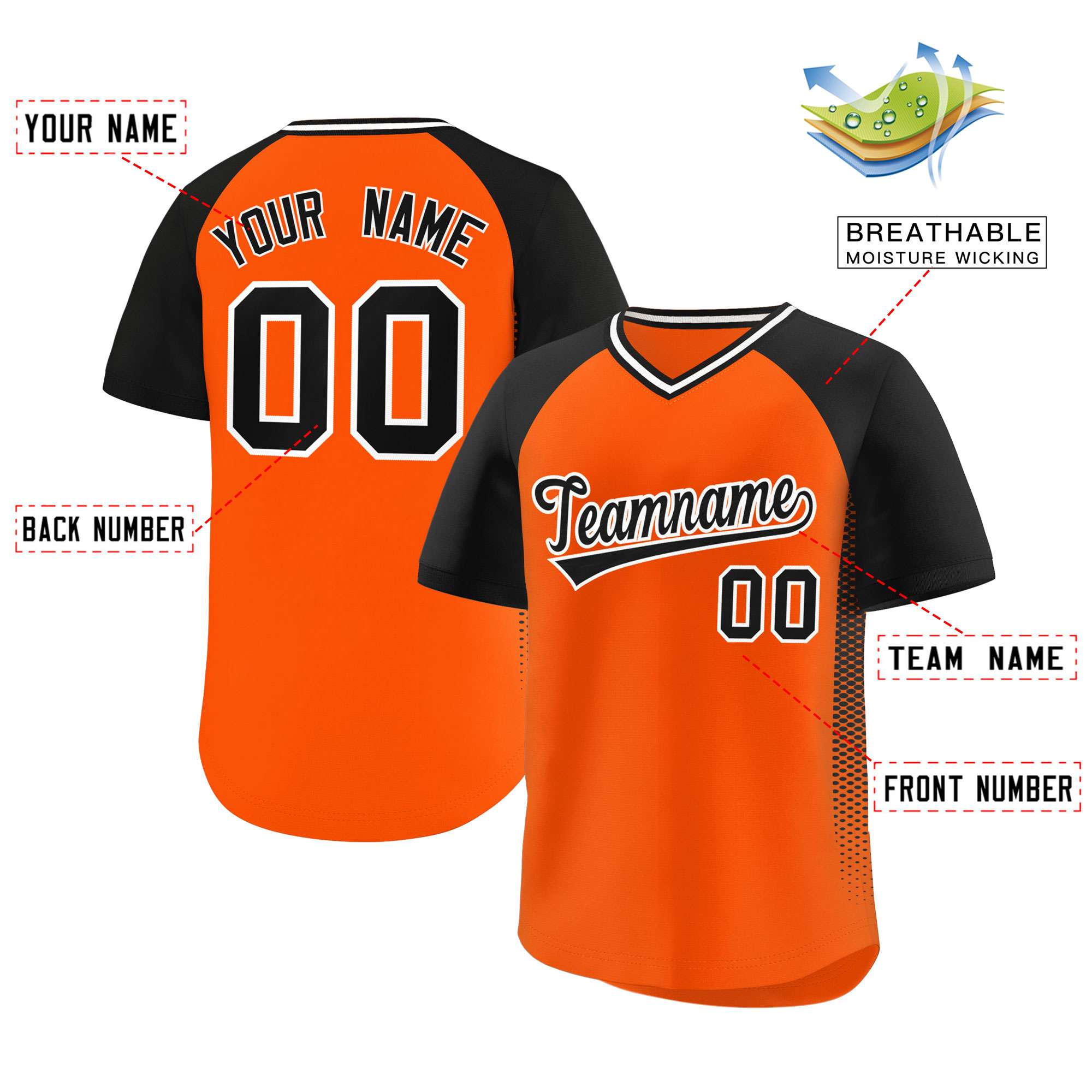 Custom Orange Black Raglan Sleeves Side Spot Authentic Pullover Baseball Jersey