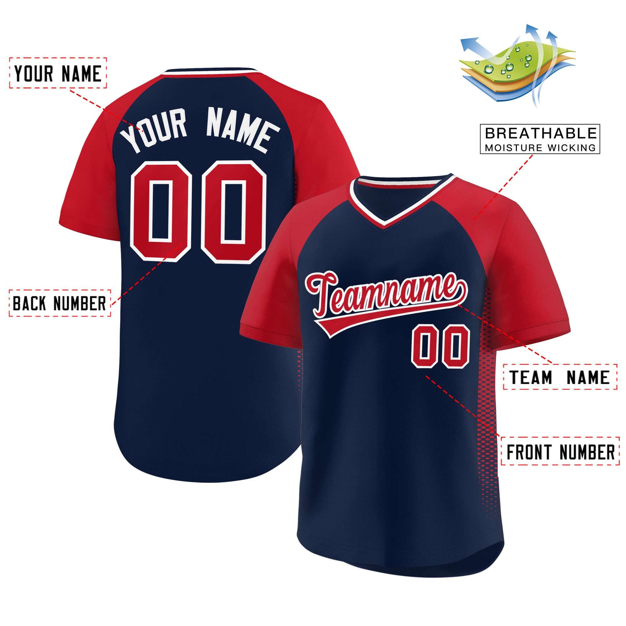 Custom Navy Red Raglan Sleeves Side Spot Authentic Pullover Baseball Jersey