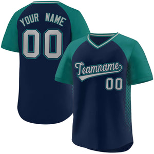 Custom Navy Aqua Raglan Sleeves Side Spot Authentic Pullover Baseball Jersey