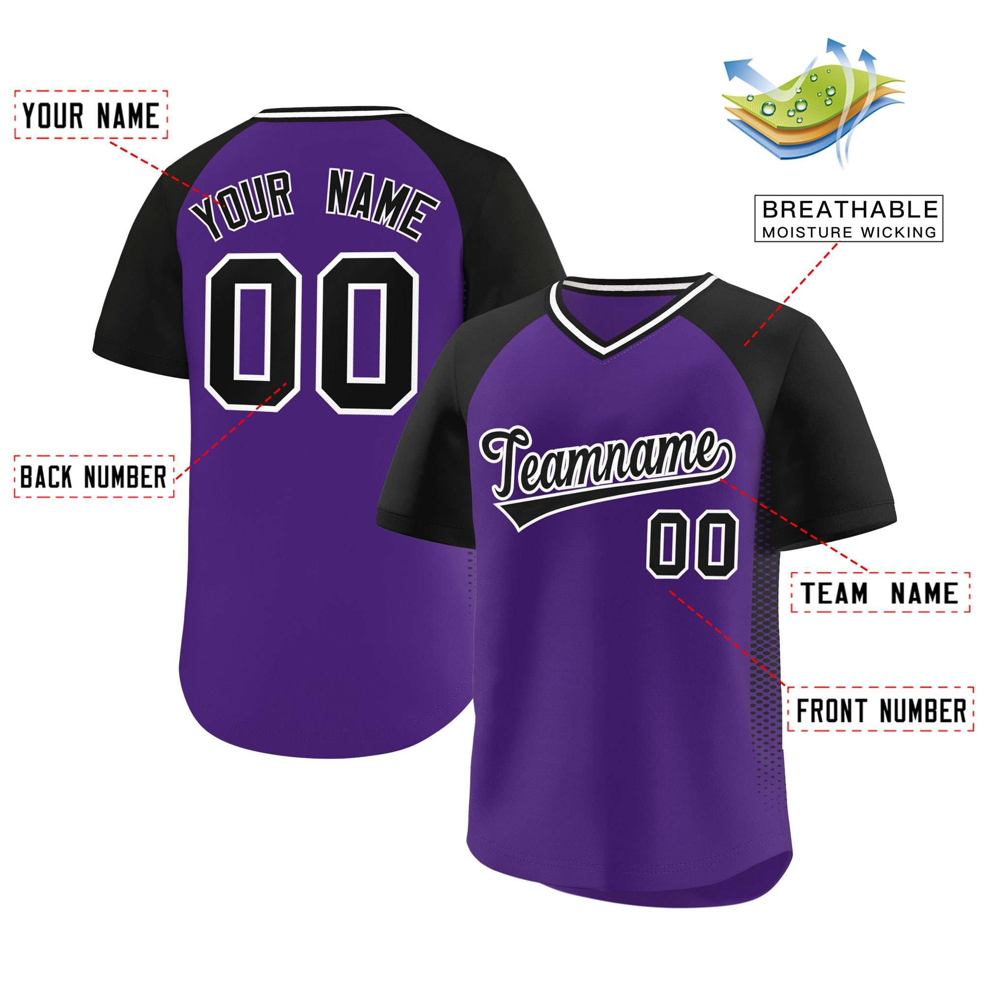 Custom Purple Black Raglan Sleeves Side Spot Authentic Pullover Baseball Jersey